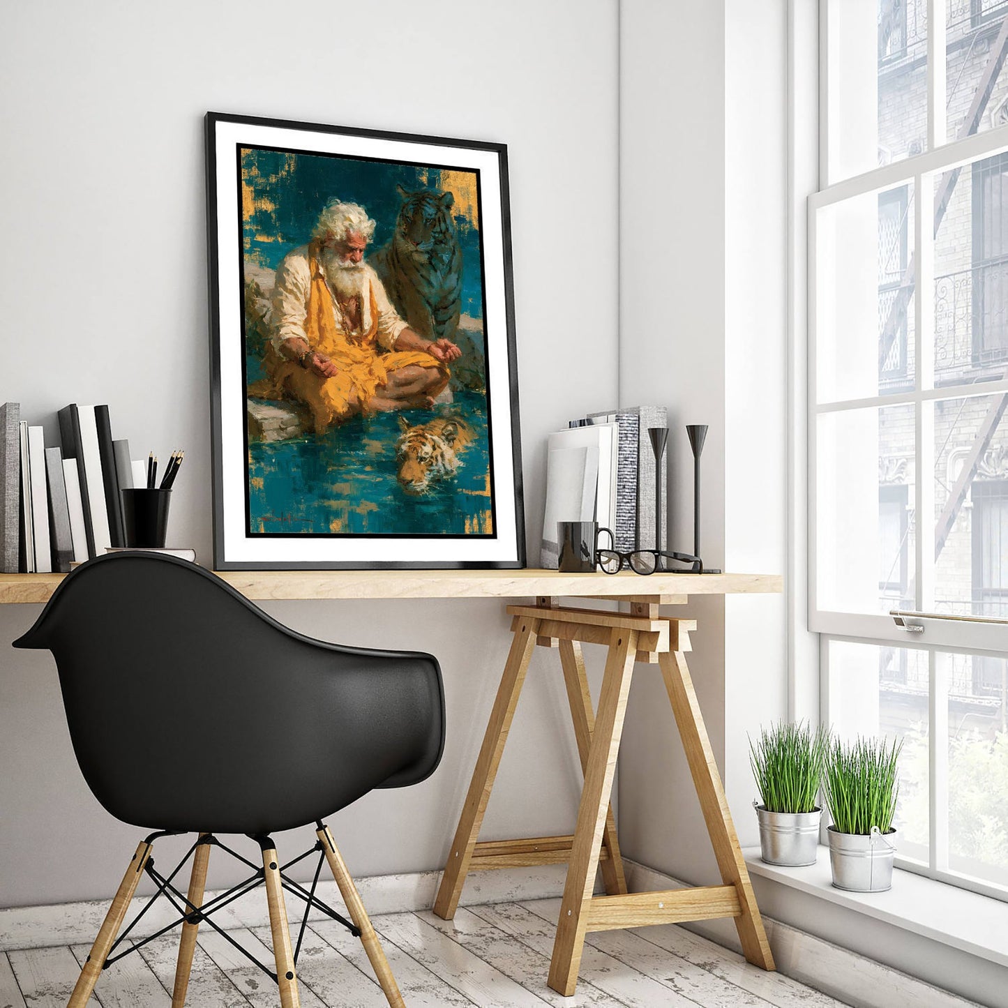 Sadhu Art Print - Meditating with Tiger Painting - Hindu Yogi Poster