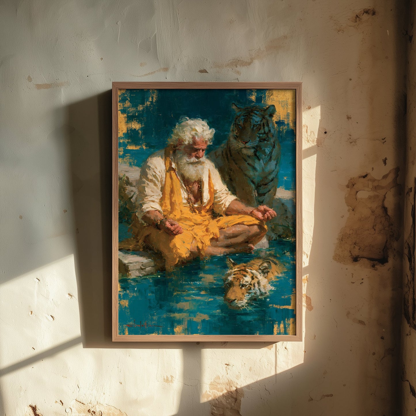 Sadhu Art Print - Meditating with Tiger Painting - Hindu Yogi Poster