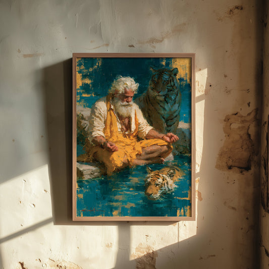 Sadhu Art Print - Meditating with Tiger Painting - Hindu Yogi Poster