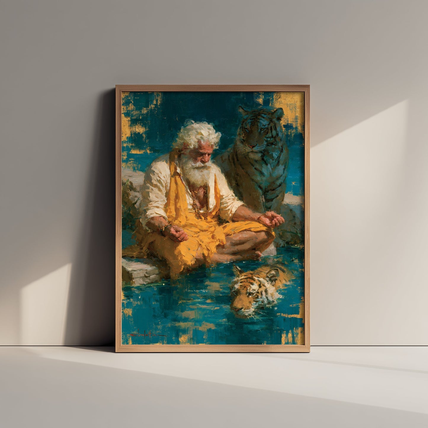Sadhu Art Print - Meditating with Tiger Painting - Hindu Yogi Poster