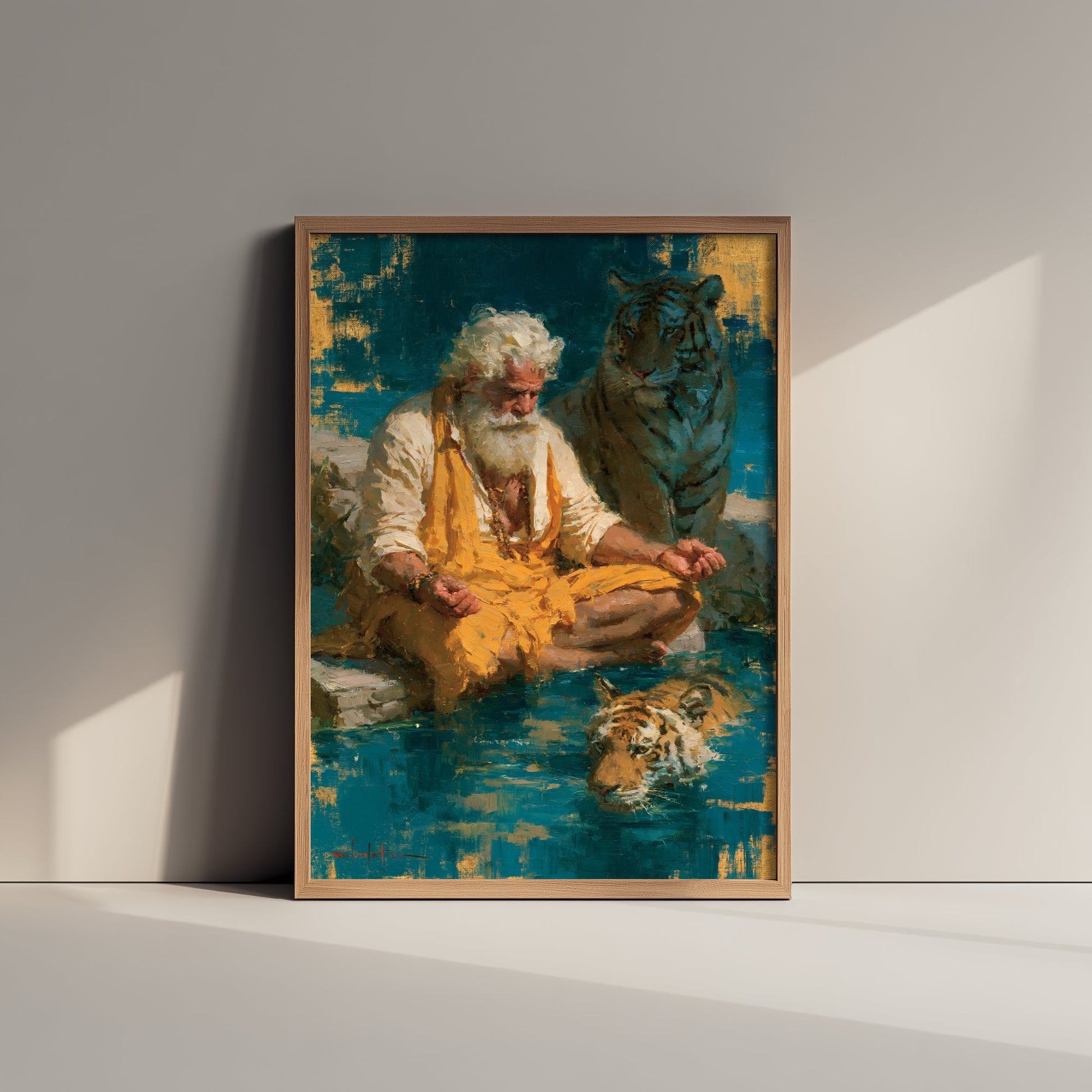 Sadhu Art Print - Meditating with Tiger Painting - Hindu Yogi Poster