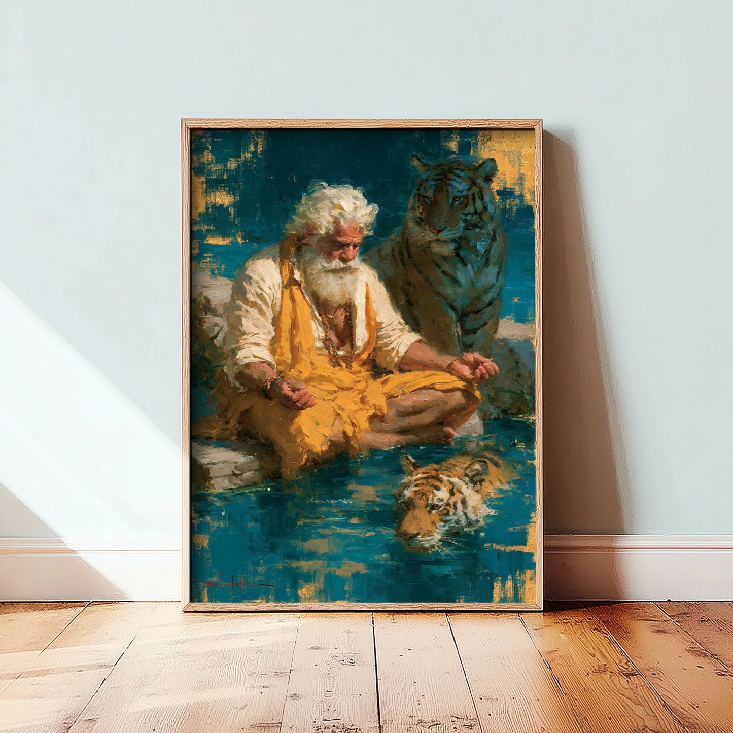 Sadhu Art Print - Meditating with Tiger Painting - Hindu Yogi Poster
