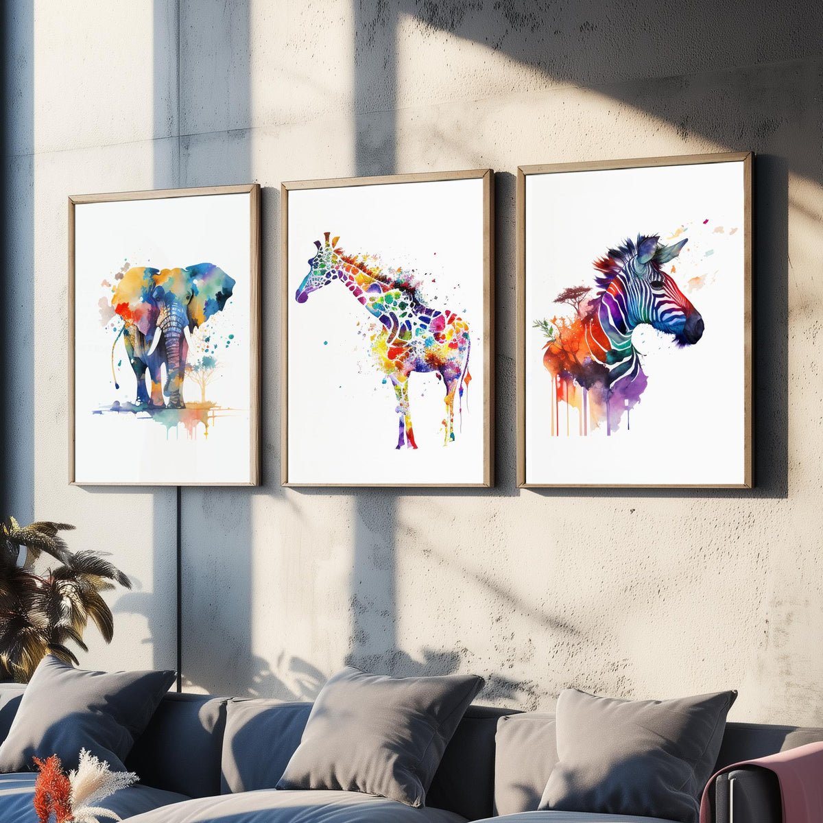 Safari Animal Watercolours Set of Three Art Prints - Elephant, Giraffe, Zebra - Rainbow Splash Poster Painting