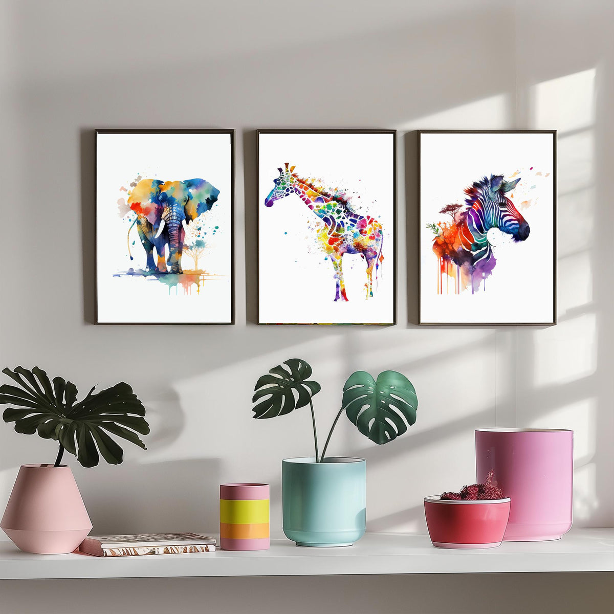 Safari Animal Watercolours Set of Three Art Prints - Elephant, Giraffe, Zebra - Rainbow Splash Poster Painting