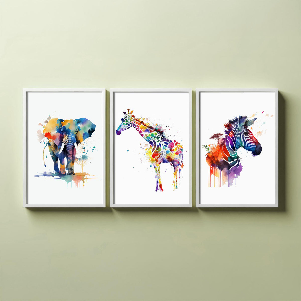 Safari Animal Watercolours Set of Three Art Prints - Elephant, Giraffe, Zebra - Rainbow Splash Poster Painting