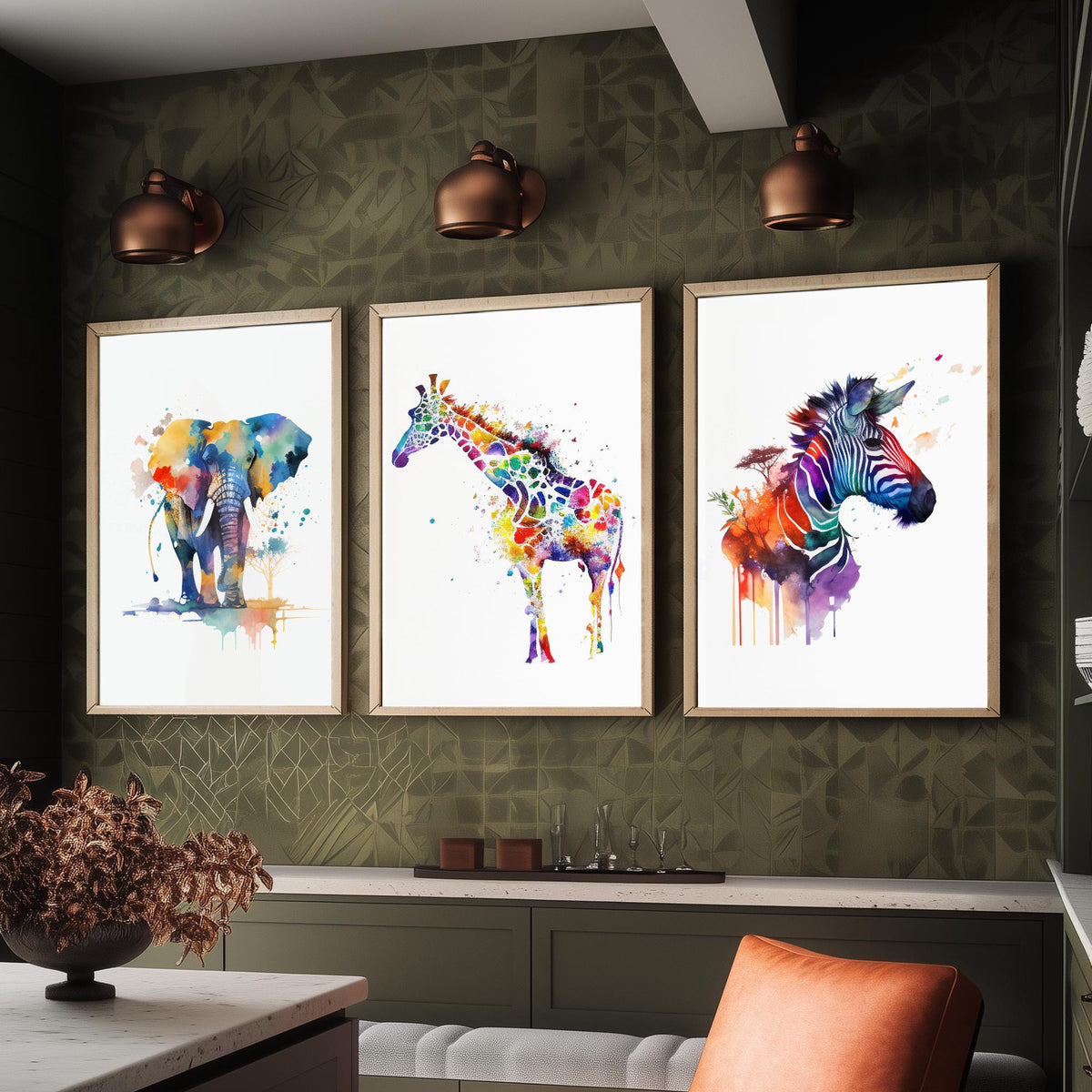 Safari Animal Watercolours Set of Three Art Prints - Elephant, Giraffe, Zebra - Rainbow Splash Poster Painting