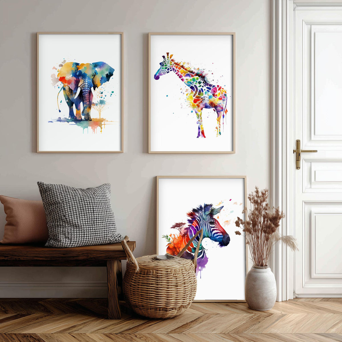Safari Animal Watercolours Set of Three Art Prints - Elephant, Giraffe, Zebra - Rainbow Splash Poster Painting