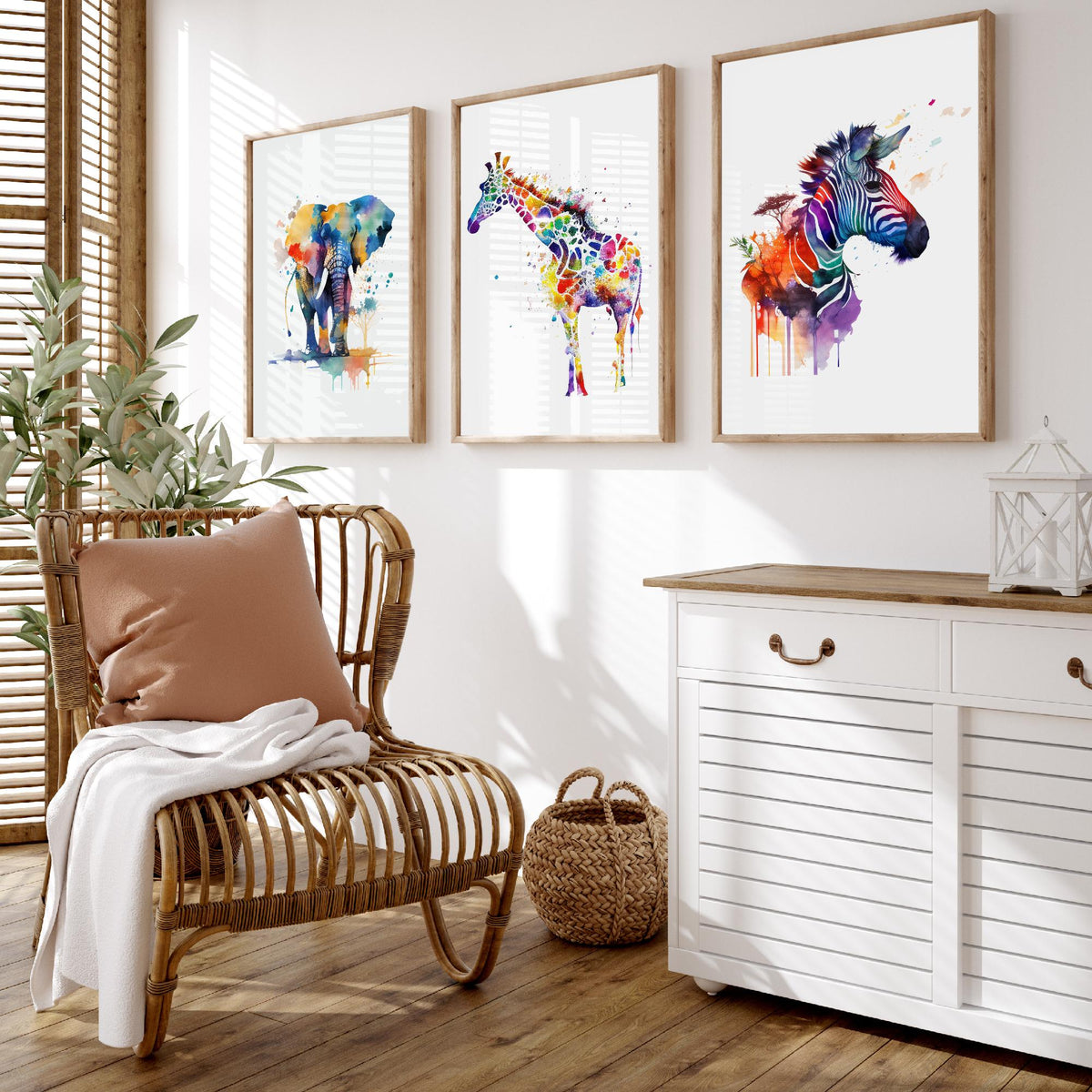 Safari Animal Watercolours Set of Three Art Prints - Elephant, Giraffe, Zebra - Rainbow Splash Poster Painting