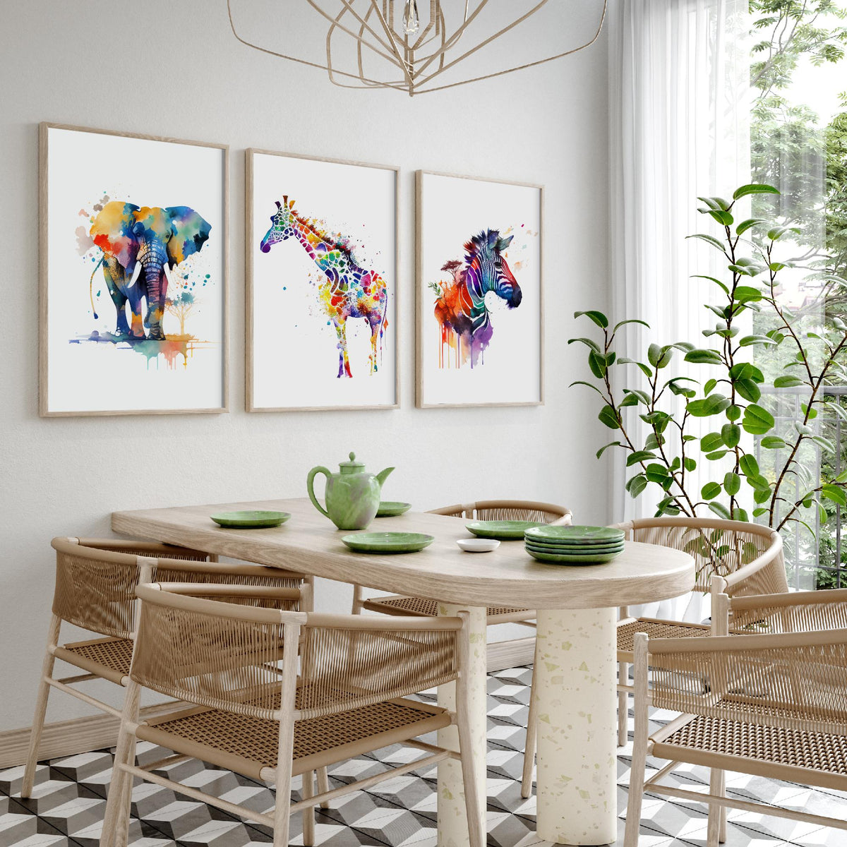 Safari Animal Watercolours Set of Three Art Prints - Elephant, Giraffe, Zebra - Rainbow Splash Poster Painting