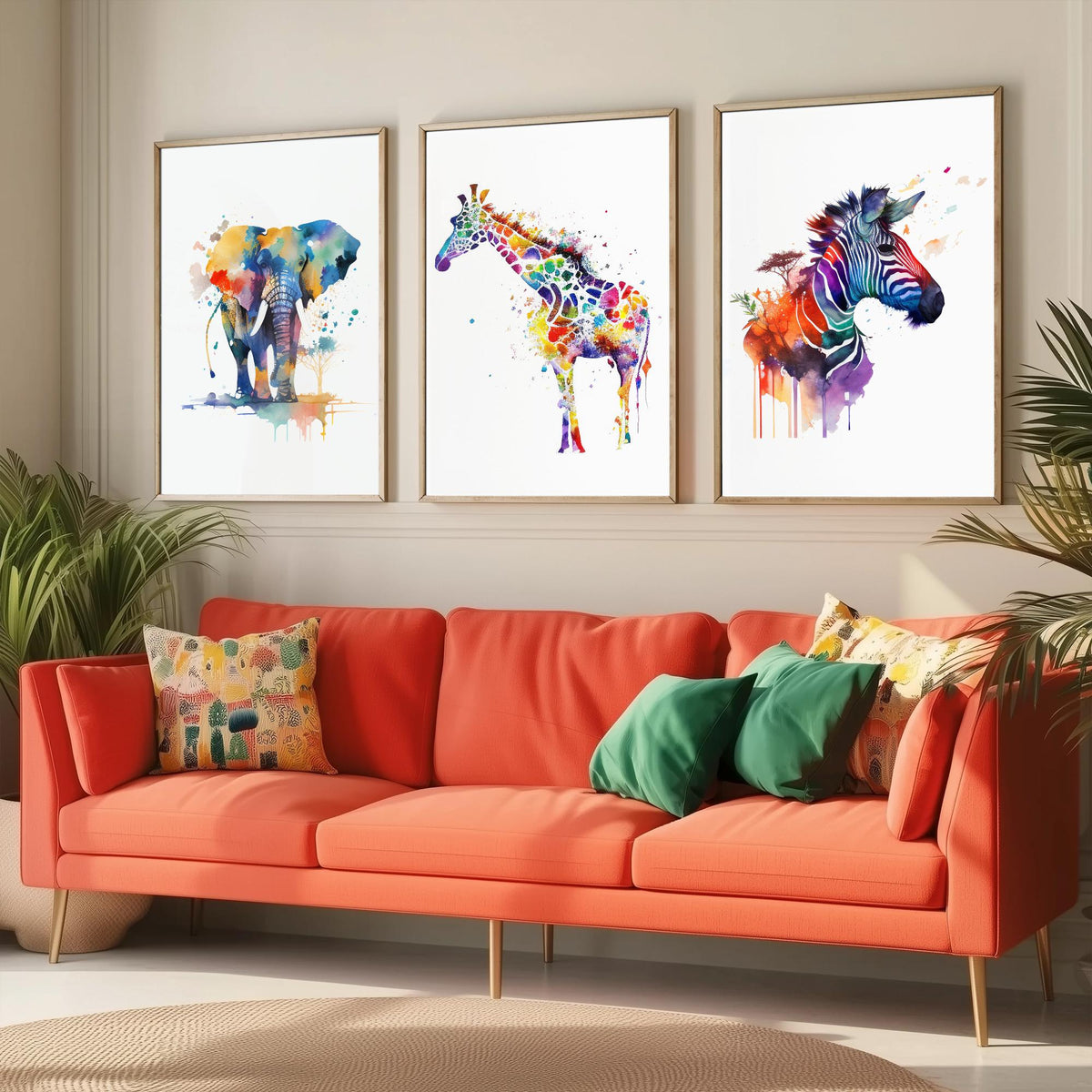 Safari Animal Watercolours Set of Three Art Prints - Elephant, Giraffe, Zebra - Rainbow Splash Poster Painting