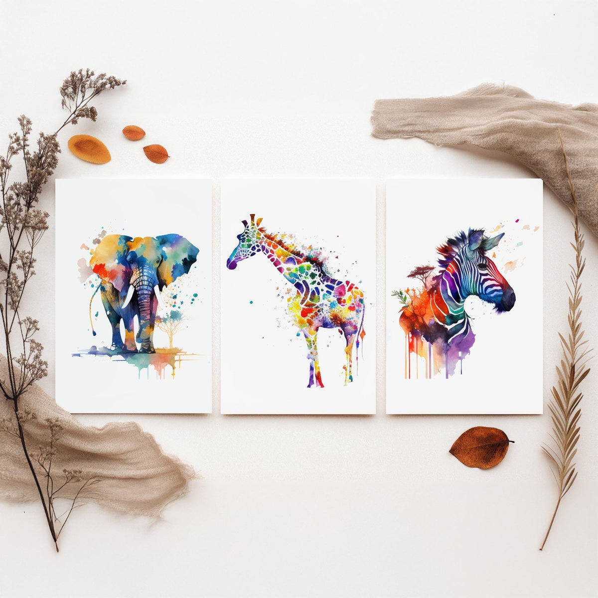 Safari Animal Watercolours Set of Three Art Prints - Elephant, Giraffe, Zebra - Rainbow Splash Poster Painting