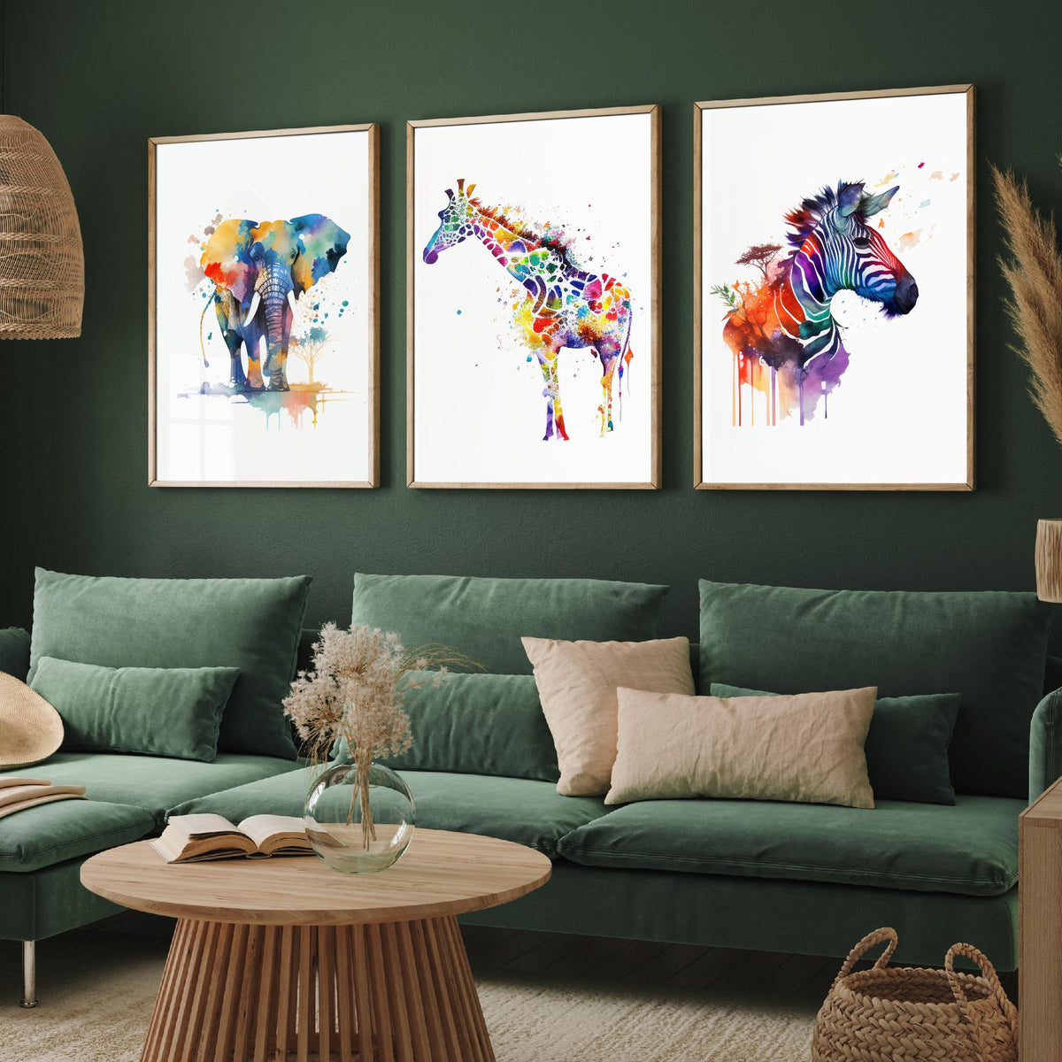 Safari Animal Watercolours Set of Three Art Prints - Elephant, Giraffe, Zebra - Rainbow Splash Poster Painting
