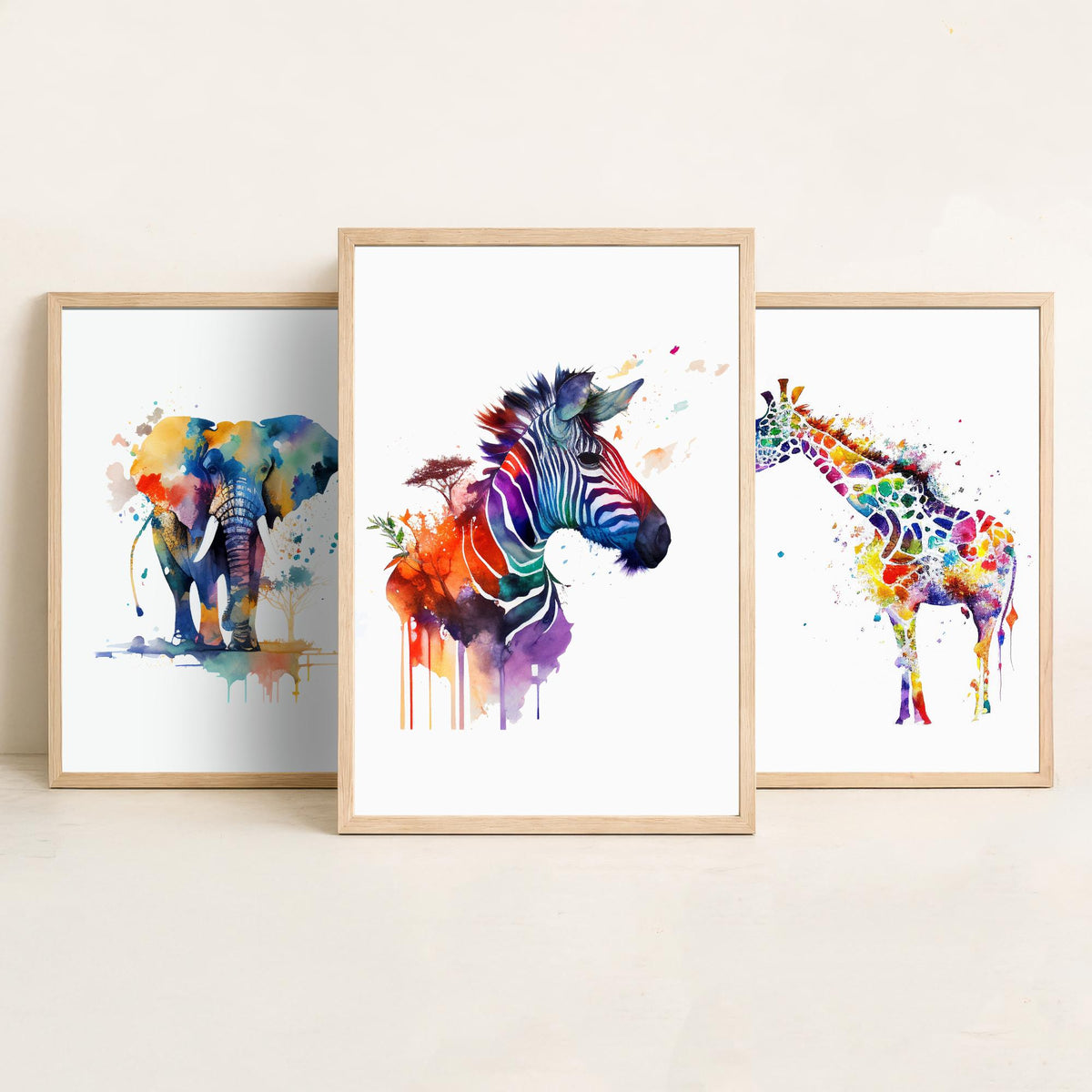 Safari Animal Watercolours Set of Three Art Prints - Elephant, Giraffe, Zebra - Rainbow Splash Poster Painting