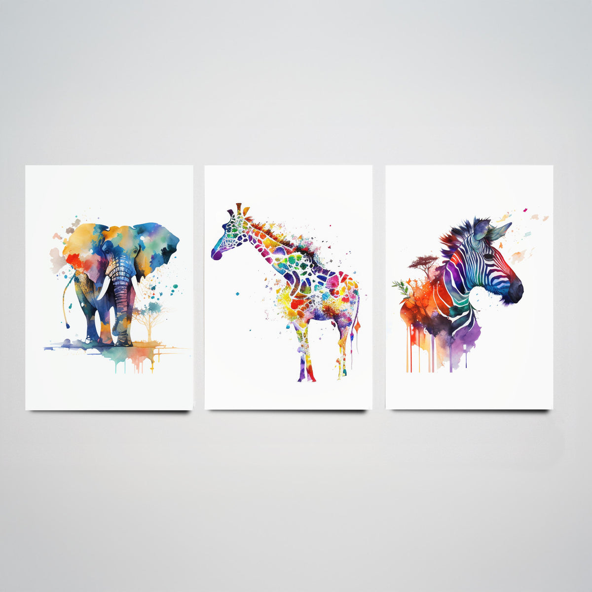 Safari Animal Watercolours Set of Three Art Prints - Elephant, Giraffe, Zebra - Rainbow Splash Poster Painting