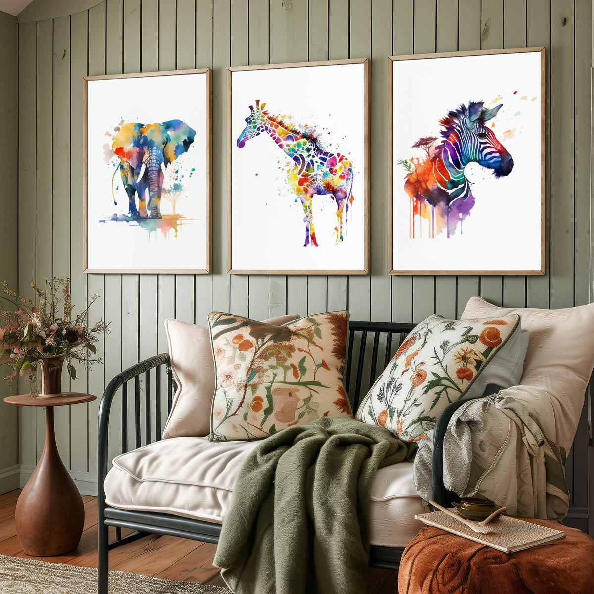 Safari Animal Watercolours Set of Three Art Prints - Elephant, Giraffe, Zebra - Rainbow Splash Poster Painting