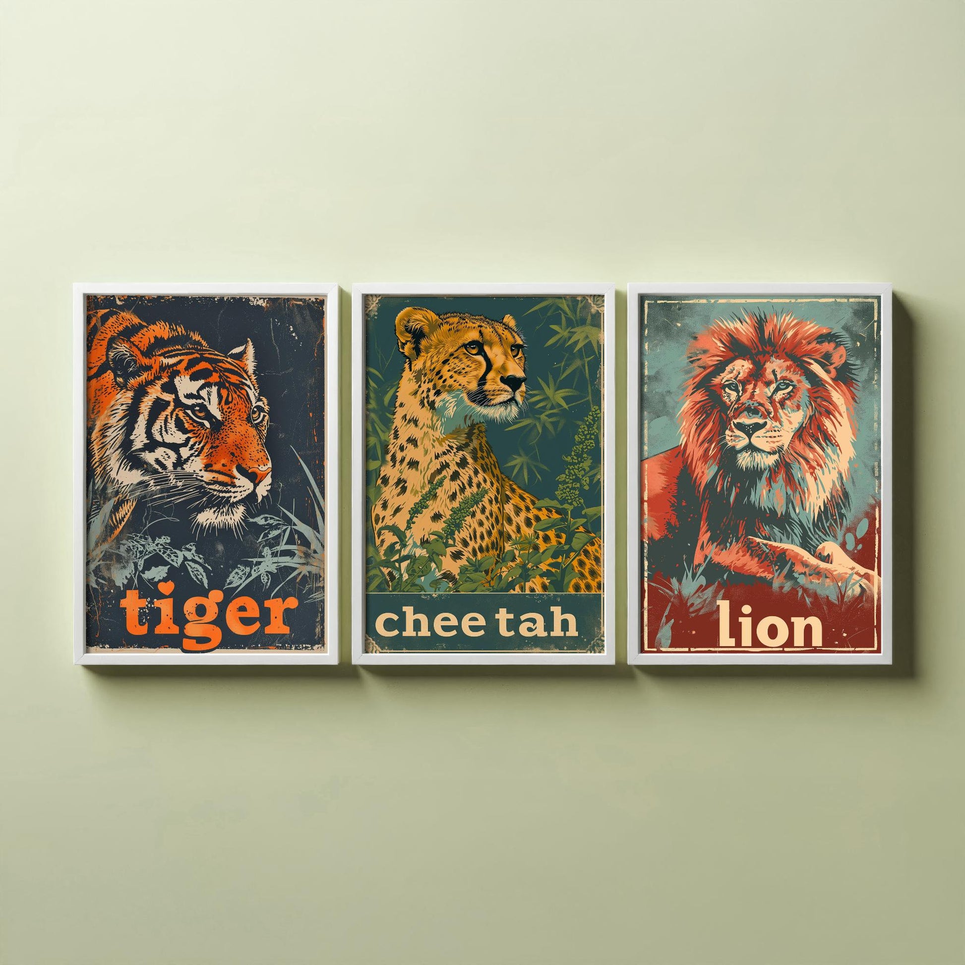 Safari Big Cats Set of Three Art Prints - 3 Tiger Cheetah Lion Posters - Vintage Illustration Wildlife Nursery Animal Gift