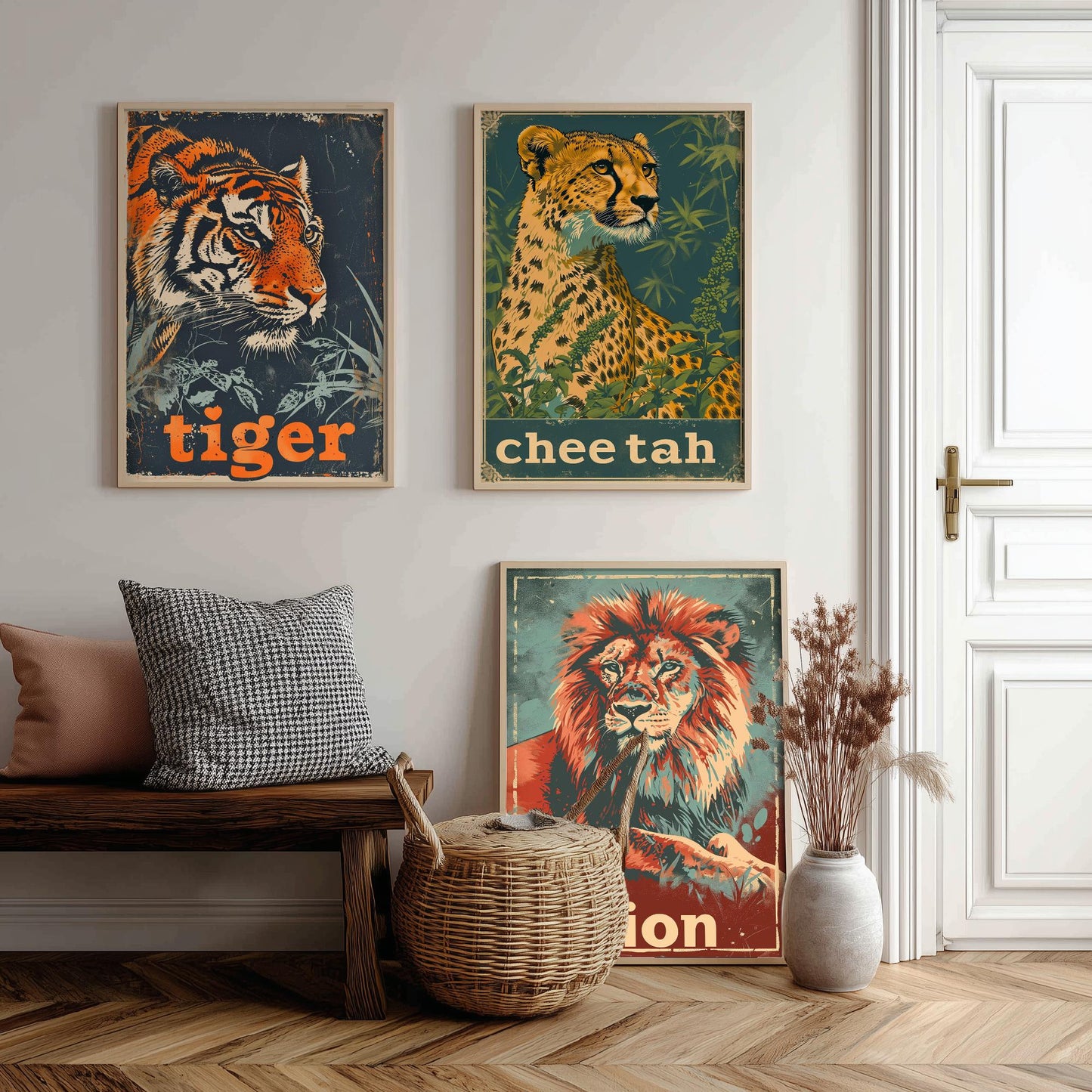 Safari Big Cats Set of Three Art Prints - 3 Tiger Cheetah Lion Posters - Vintage Illustration Wildlife Nursery Animal Gift
