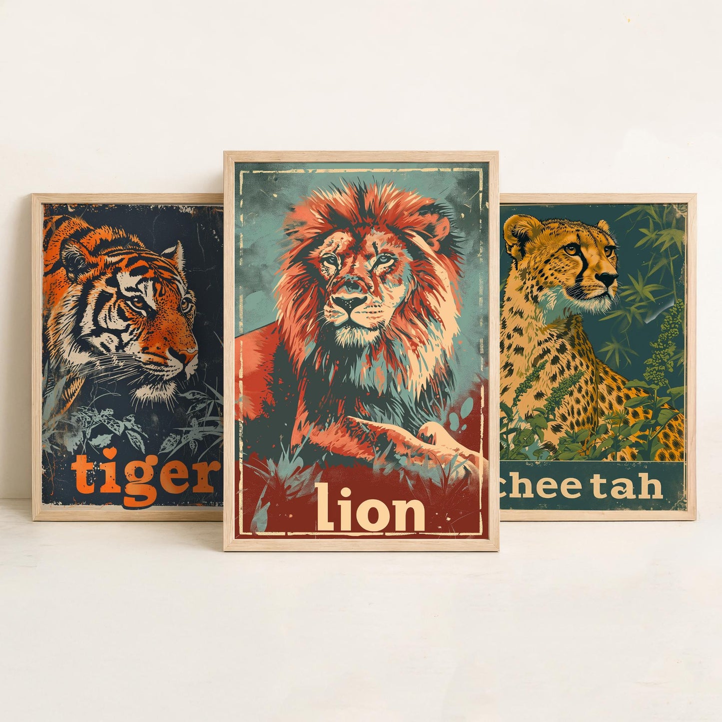 Safari Big Cats Set of Three Art Prints - 3 Tiger Cheetah Lion Posters - Vintage Illustration Wildlife Nursery Animal Gift
