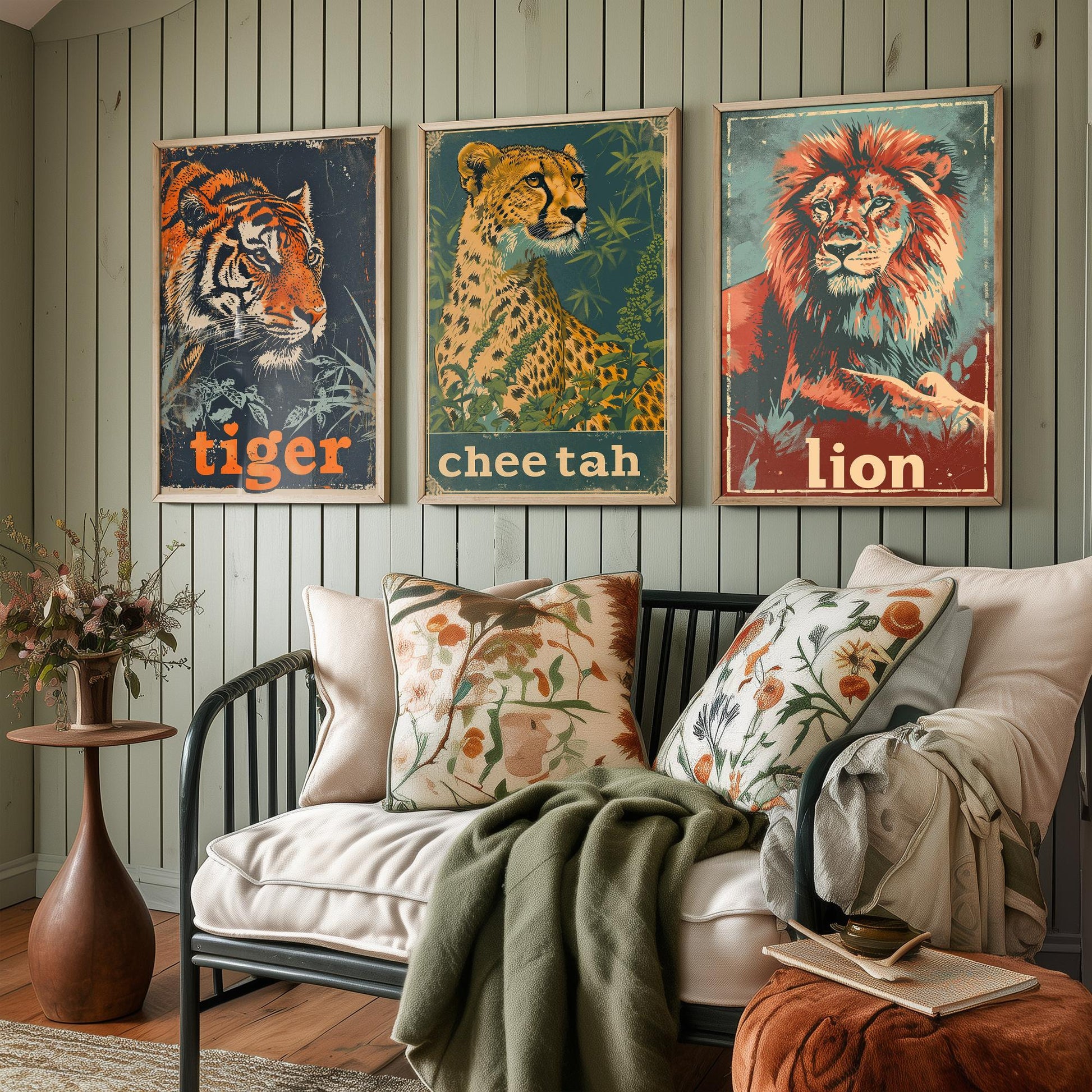Safari Big Cats Set of Three Art Prints - 3 Tiger Cheetah Lion Posters - Vintage Illustration Wildlife Nursery Animal Gift