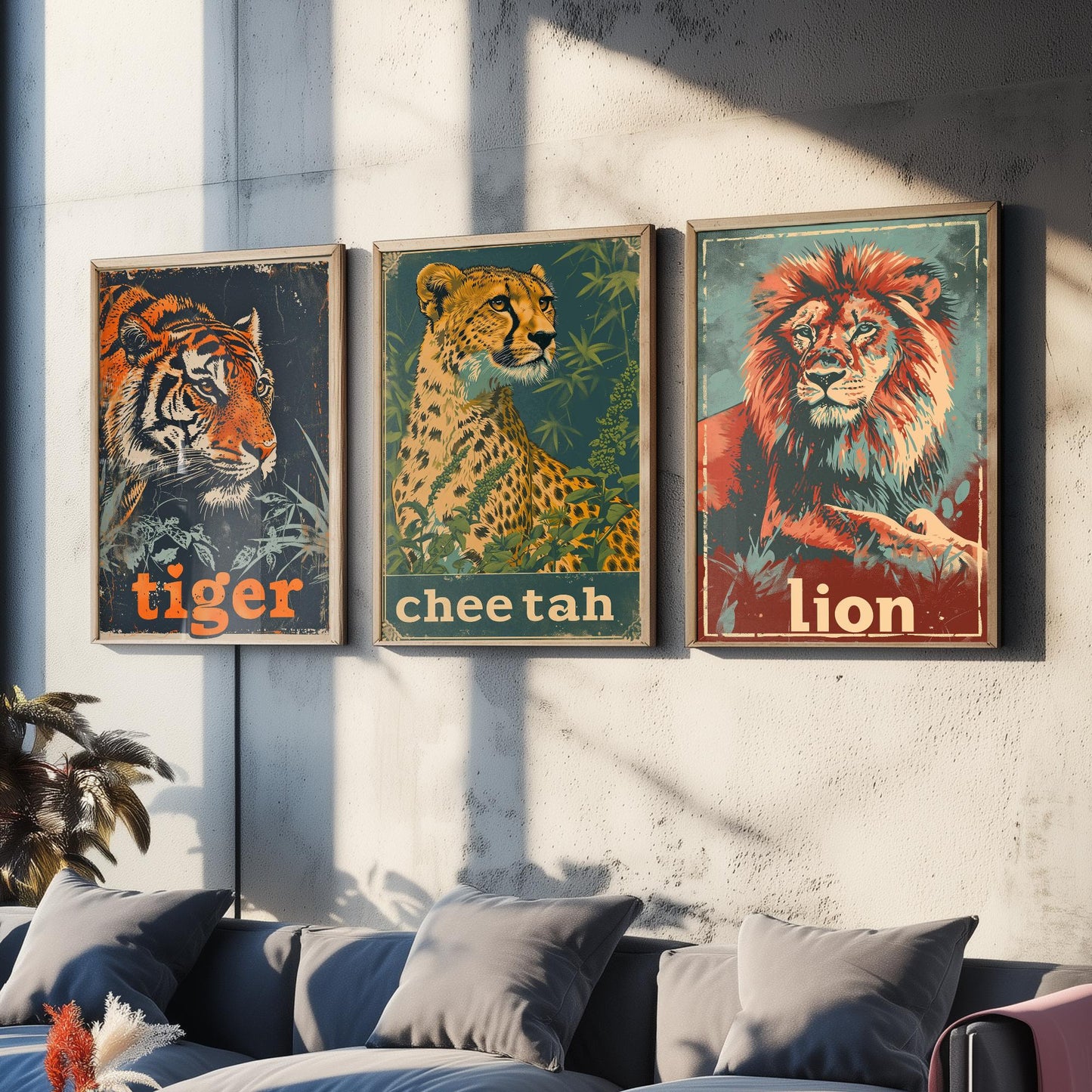 Safari Big Cats Set of Three Art Prints - 3 Tiger Cheetah Lion Posters - Vintage Illustration Wildlife Nursery Animal Gift