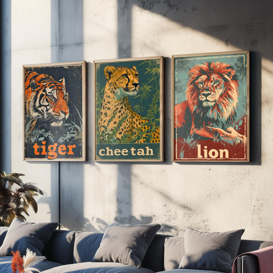 Safari Big Cats Set of Three Art Prints - 3 Tiger Cheetah Lion Posters - Vintage Illustration Wildlife Nursery Animal Gift
