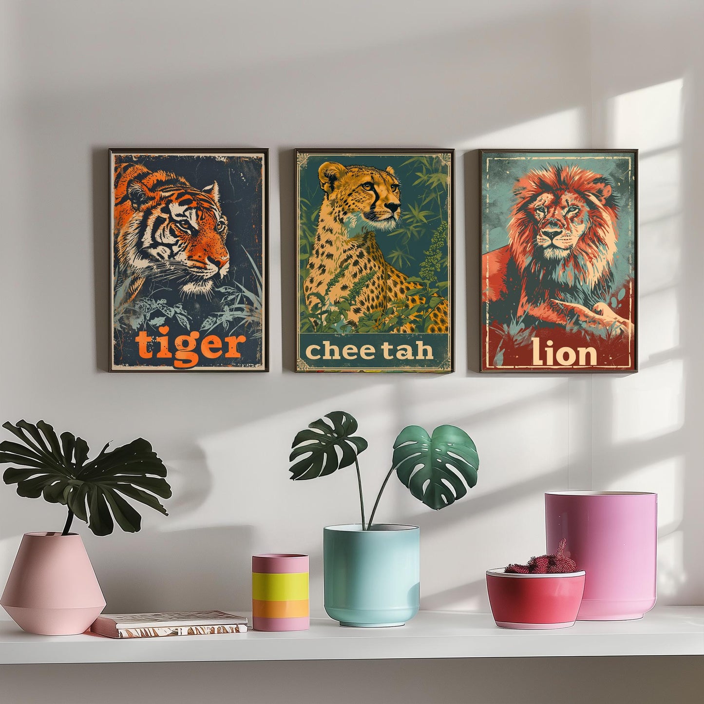 Safari Big Cats Set of Three Art Prints - 3 Tiger Cheetah Lion Posters - Vintage Illustration Wildlife Nursery Animal Gift