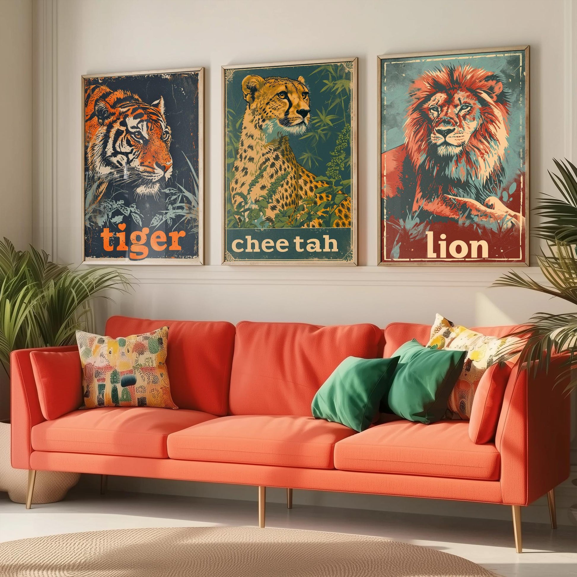 Safari Big Cats Set of Three Art Prints - 3 Tiger Cheetah Lion Posters - Vintage Illustration Wildlife Nursery Animal Gift