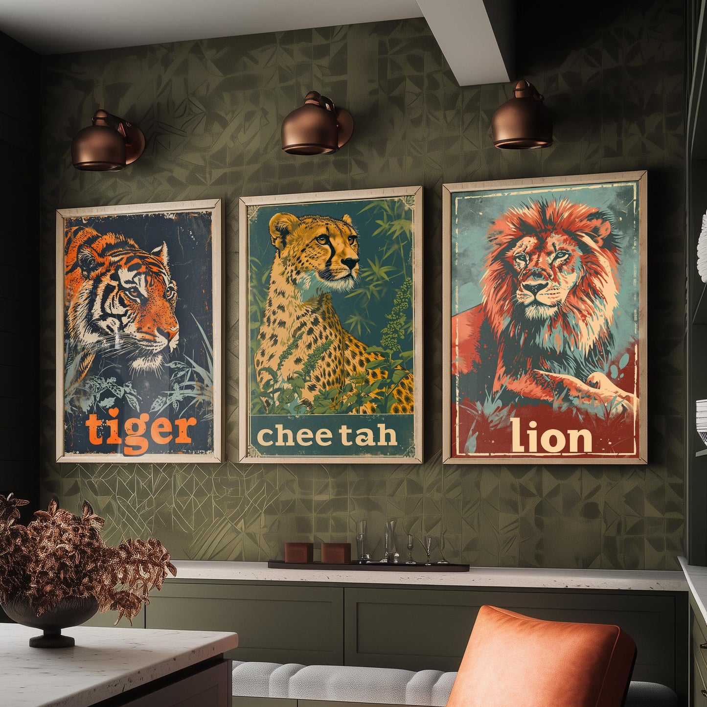 Safari Big Cats Set of Three Art Prints - 3 Tiger Cheetah Lion Posters - Vintage Illustration Wildlife Nursery Animal Gift