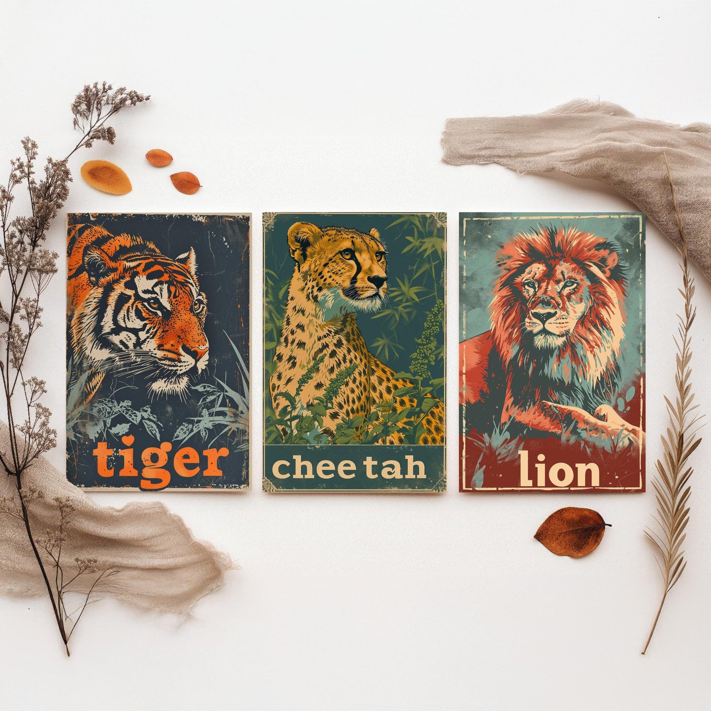 Safari Big Cats Set of Three Art Prints - 3 Tiger Cheetah Lion Posters - Vintage Illustration Wildlife Nursery Animal Gift