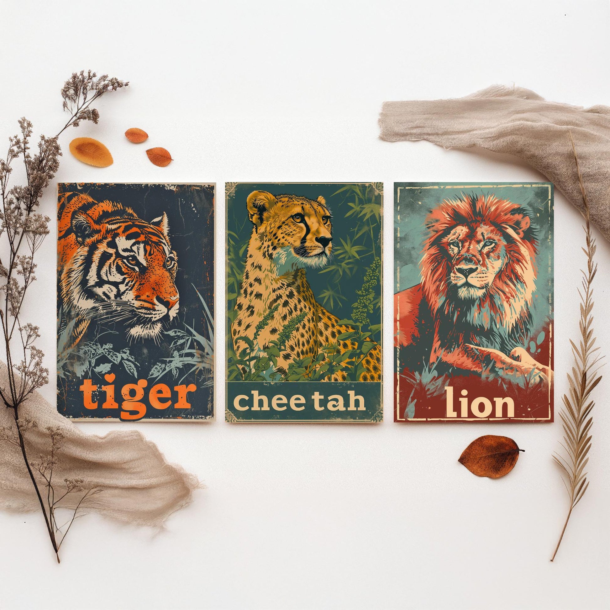 Safari Big Cats Set of Three Art Prints - 3 Tiger Cheetah Lion Posters - Vintage Illustration Wildlife Nursery Animal Gift