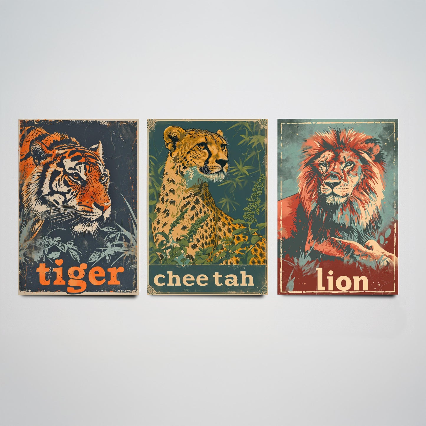 Safari Big Cats Set of Three Art Prints - 3 Tiger Cheetah Lion Posters - Vintage Illustration Wildlife Nursery Animal Gift
