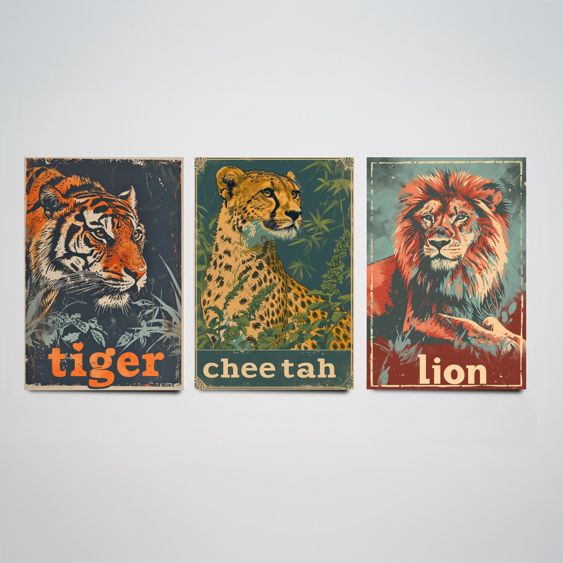 Safari Big Cats Set of Three Art Prints - 3 Tiger Cheetah Lion Posters - Vintage Illustration Wildlife Nursery Animal Gift