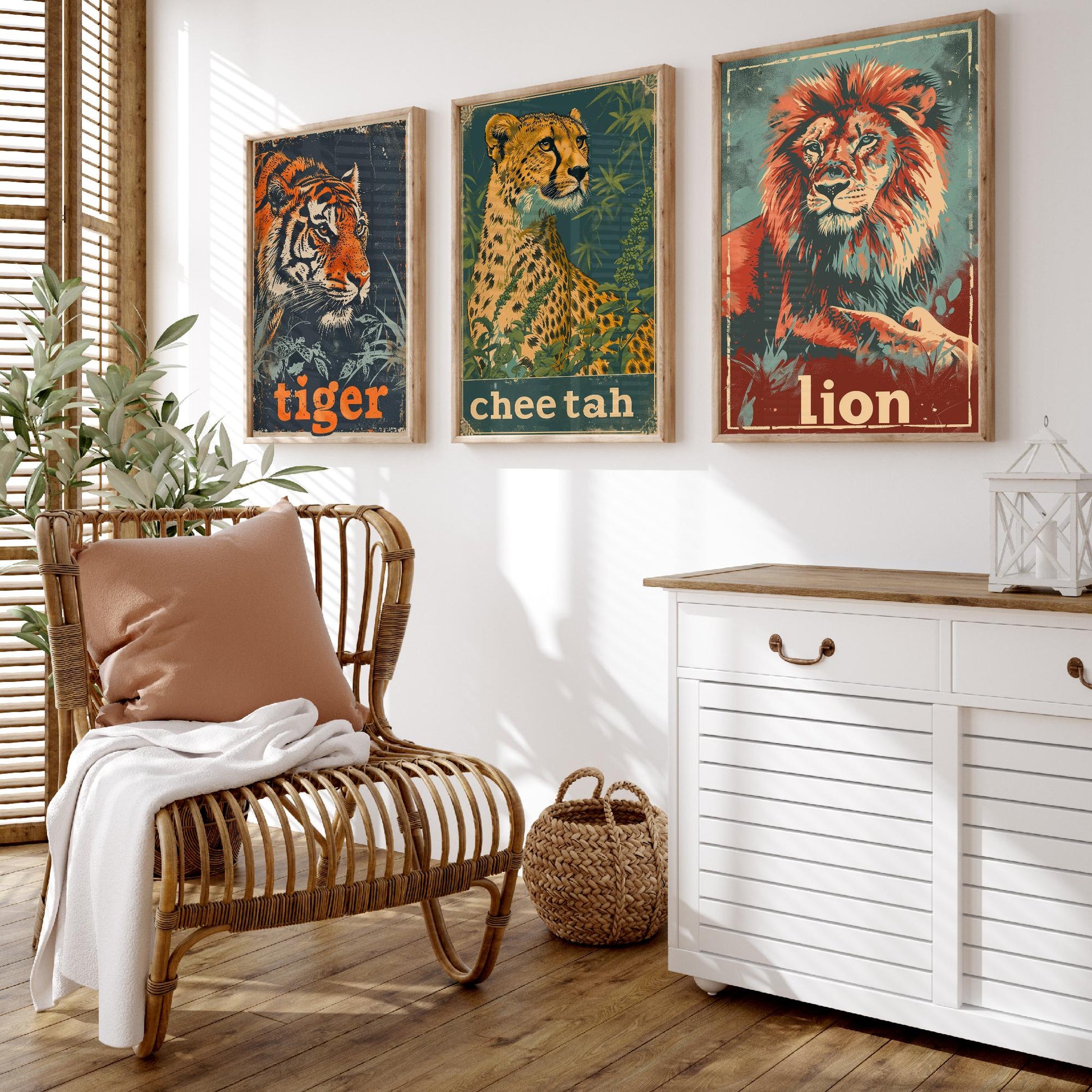 Safari Big Cats Set of Three Art Prints - 3 Tiger Cheetah Lion Posters - Vintage Illustration Wildlife Nursery Animal Gift