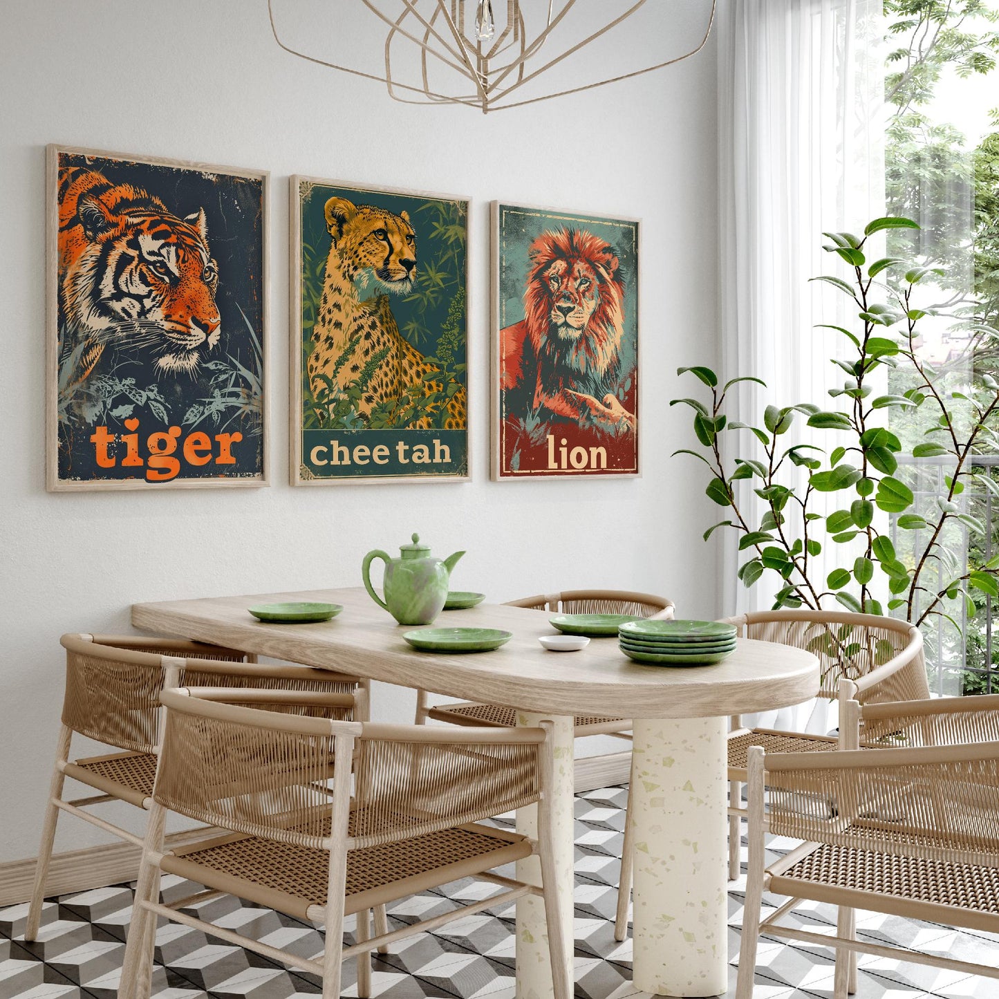 Safari Big Cats Set of Three Art Prints - 3 Tiger Cheetah Lion Posters - Vintage Illustration Wildlife Nursery Animal Gift