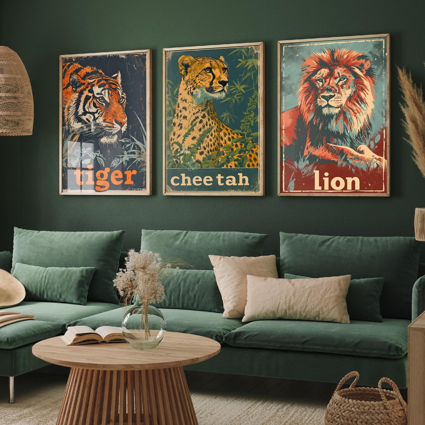 Safari Big Cats Set of Three Art Prints - 3 Tiger Cheetah Lion Posters - Vintage Illustration Wildlife Nursery Animal Gift