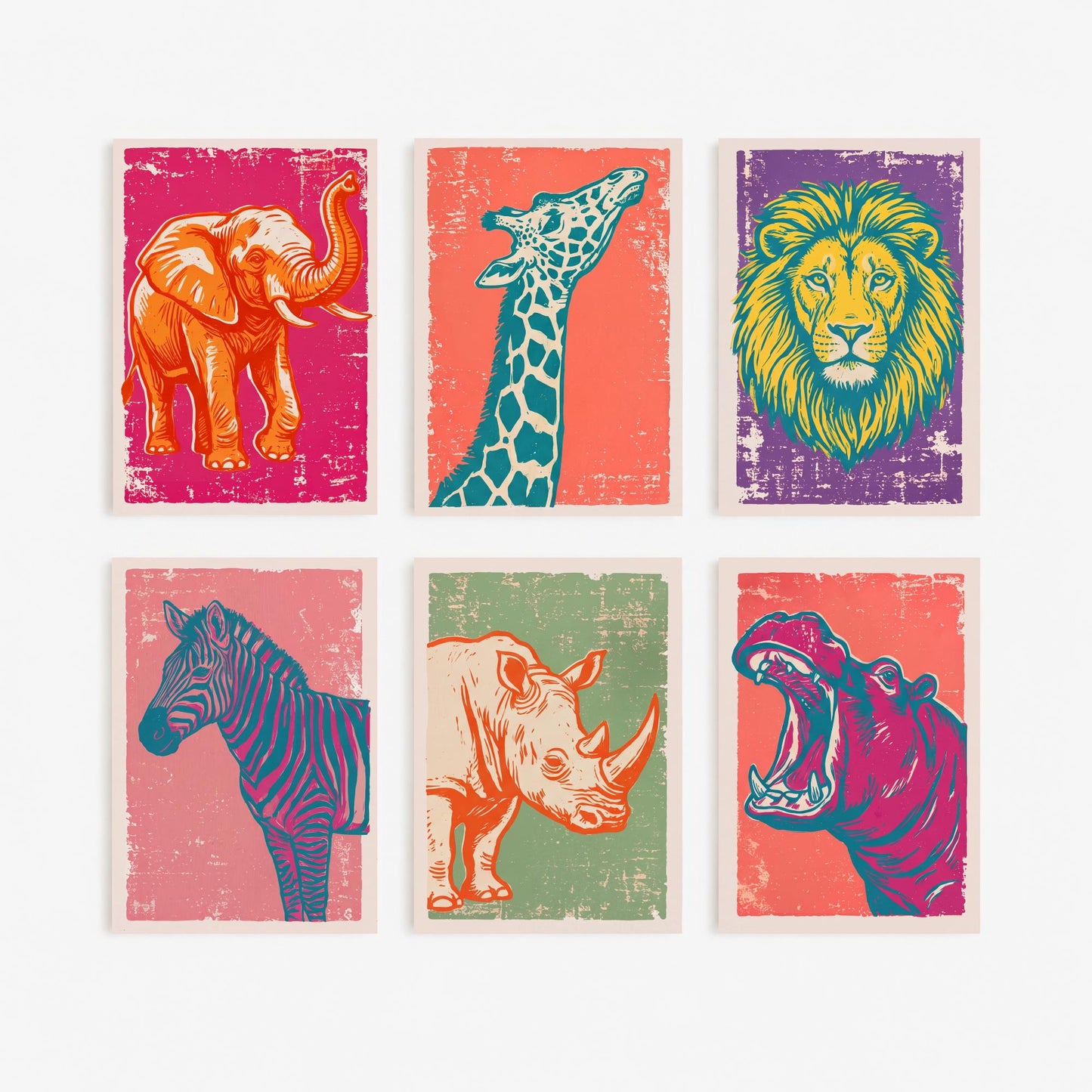 Set of Six Safari Animals Linocut Art Prints - 6 African Wildlife Illustrations - Elephant, Giraffe, Lion, Zebra, Rhino, Hippo Posters