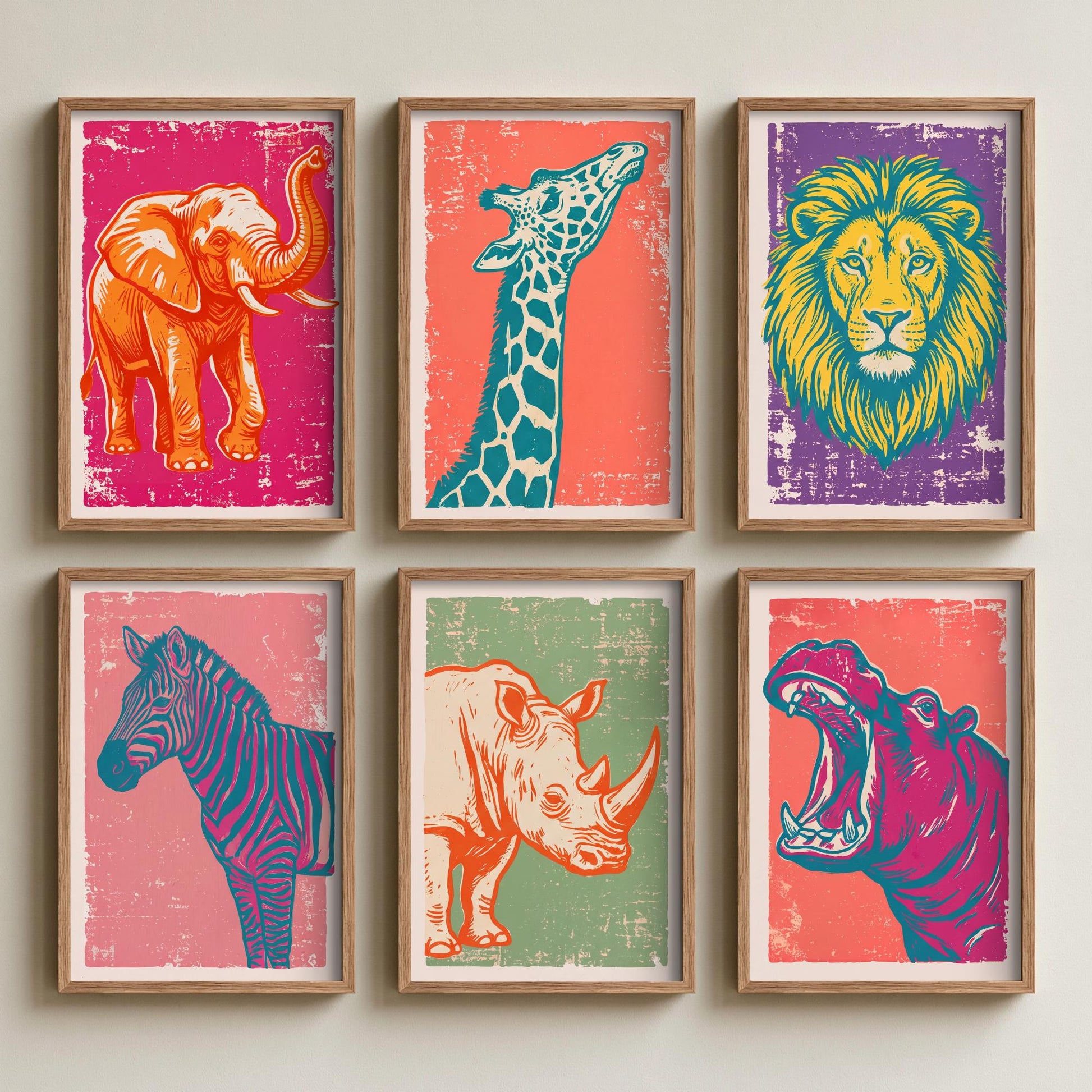 Set of Six Safari Animals Linocut Art Prints - 6 African Wildlife Illustrations - Elephant, Giraffe, Lion, Zebra, Rhino, Hippo Posters