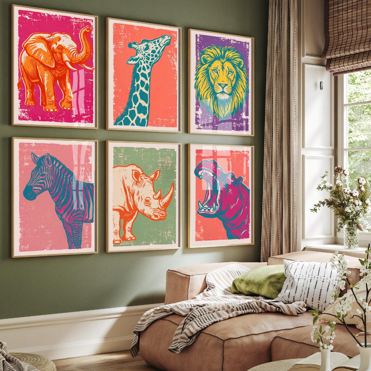 Set of Six Safari Animals Linocut Art Prints - 6 African Wildlife Illustrations - Elephant, Giraffe, Lion, Zebra, Rhino, Hippo Posters