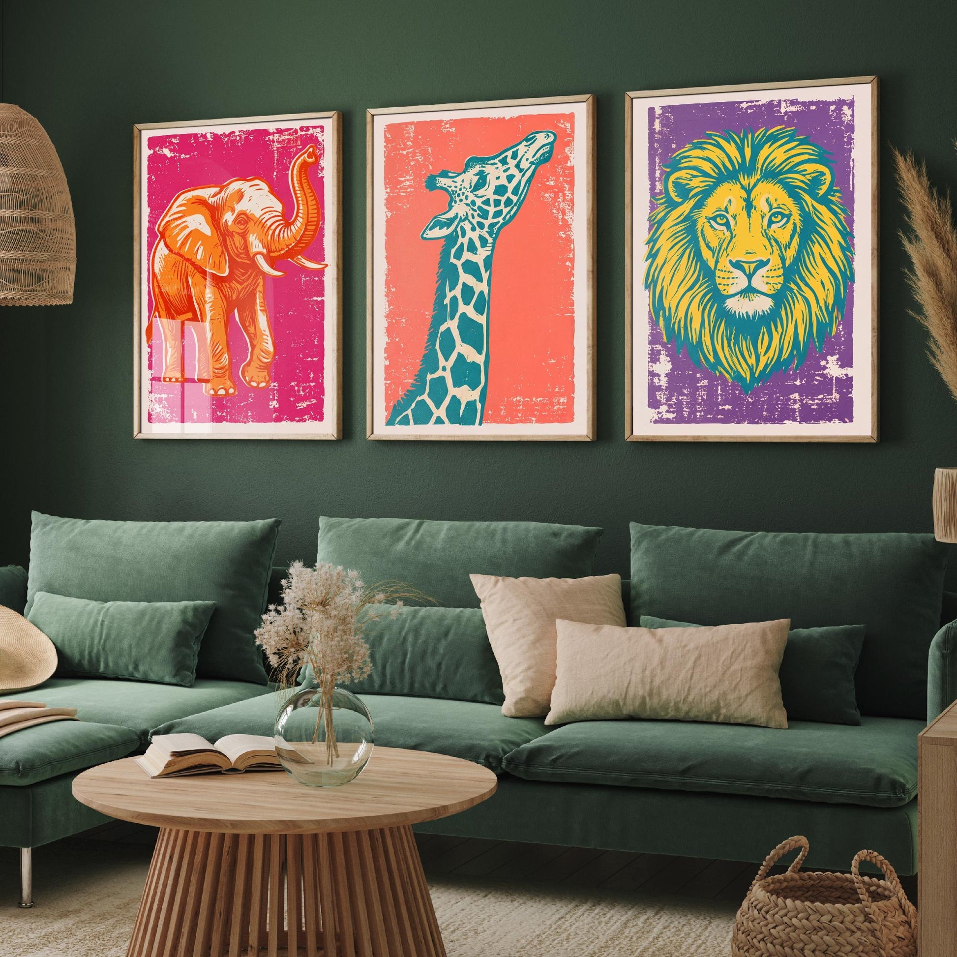 Set of Three Elephant, Giraffe and Lion Art Prints - Safari Animal Linocut Illustrations - Kids Room Posters V1