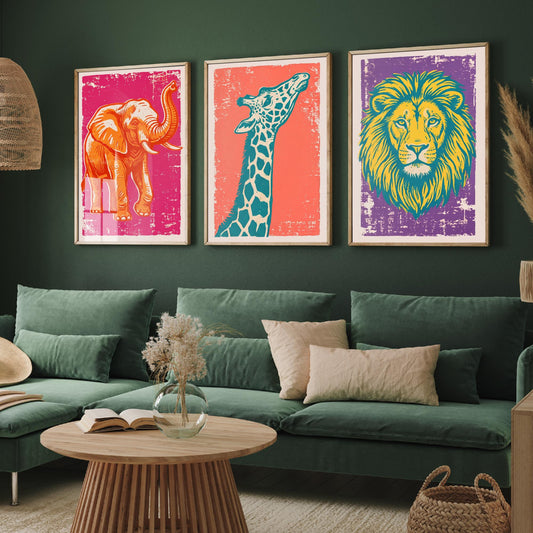 Set of Three Elephant, Giraffe and Lion Art Prints - Safari Animal Linocut Illustrations - Kids Room Posters V1