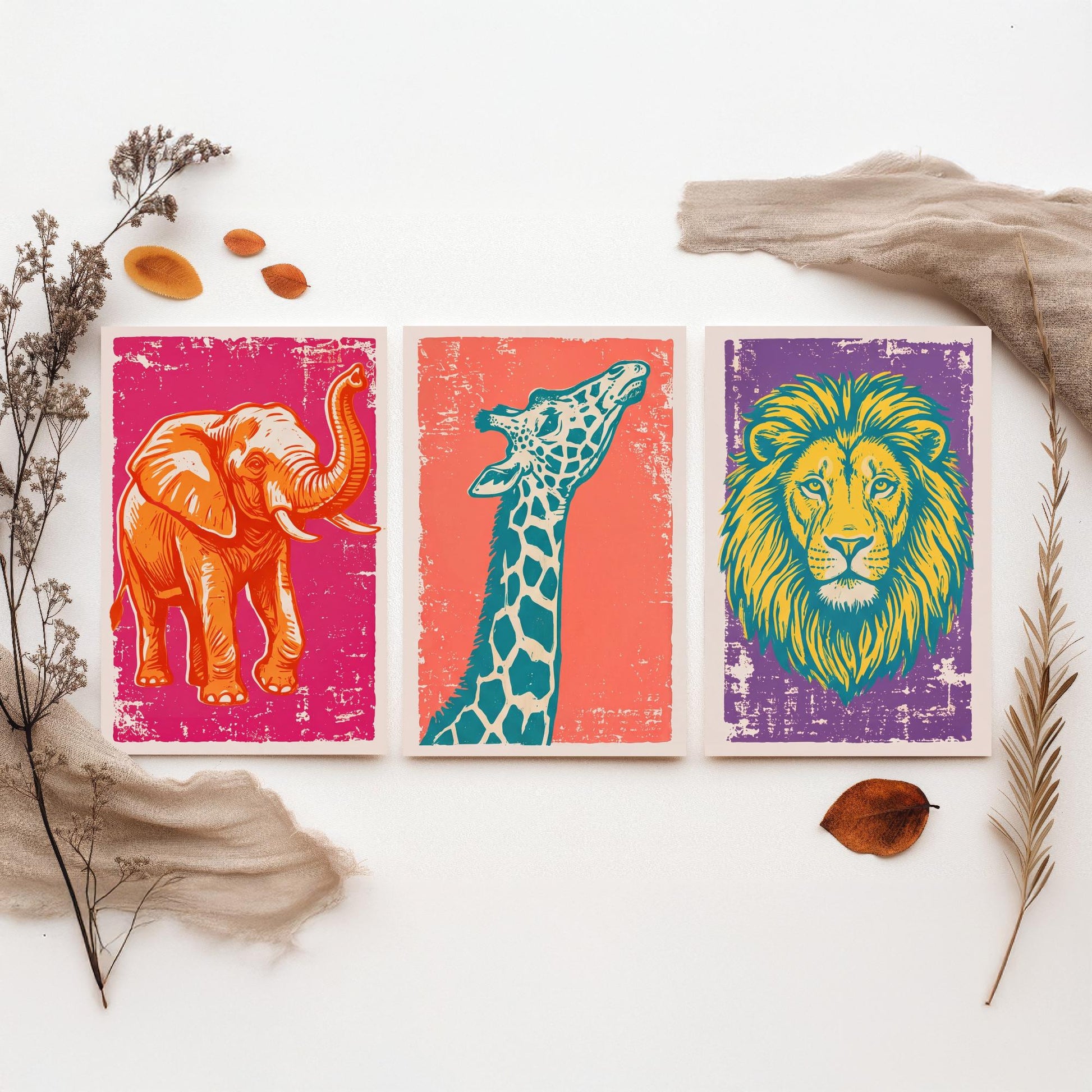 Set of Three Elephant, Giraffe and Lion Art Prints - Safari Animal Linocut Illustrations - Kids Room Posters V1