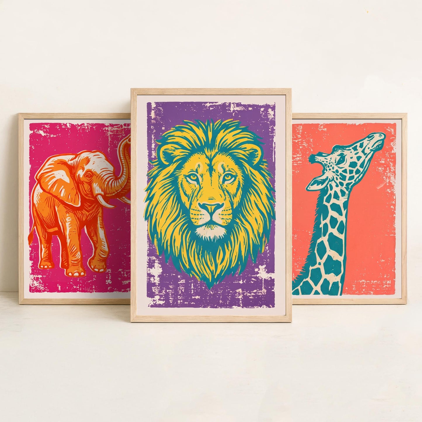 Set of Three Elephant, Giraffe and Lion Art Prints - Safari Animal Linocut Illustrations - Kids Room Posters V1