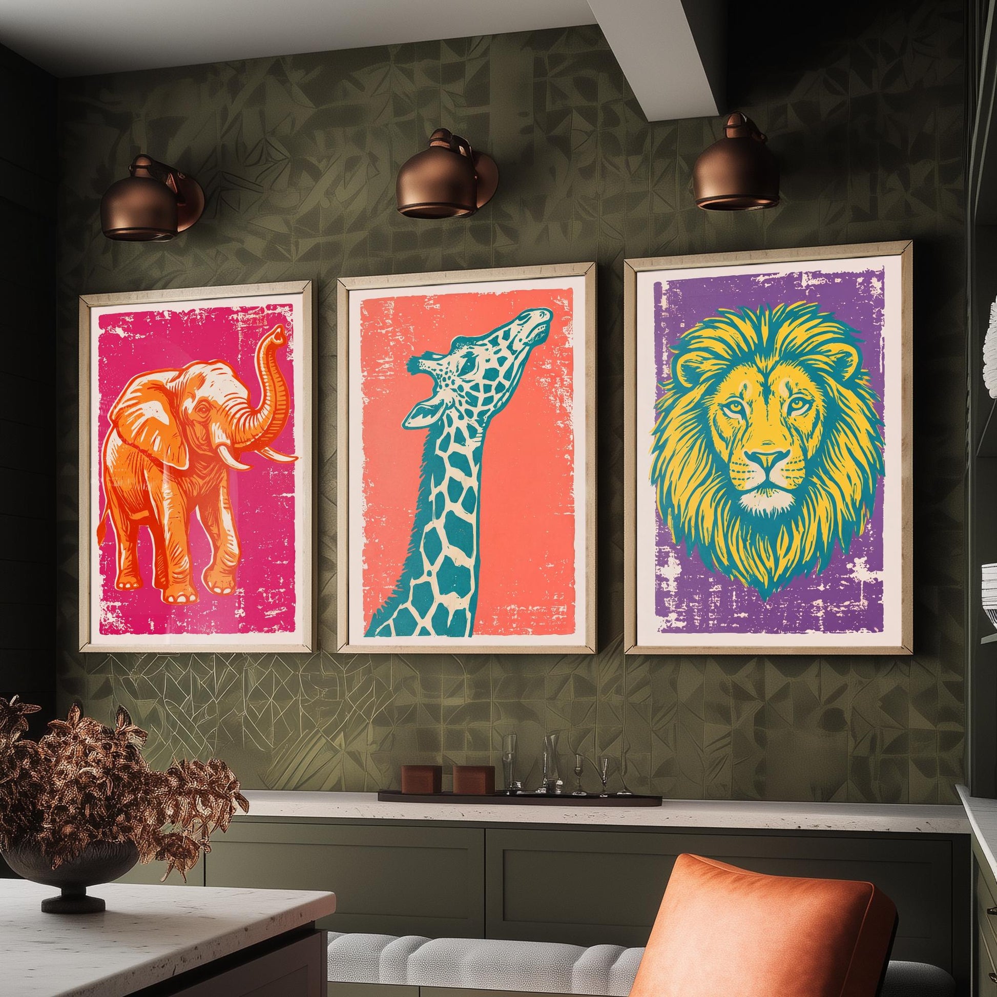 Set of Three Elephant, Giraffe and Lion Art Prints - Safari Animal Linocut Illustrations - Kids Room Posters V1