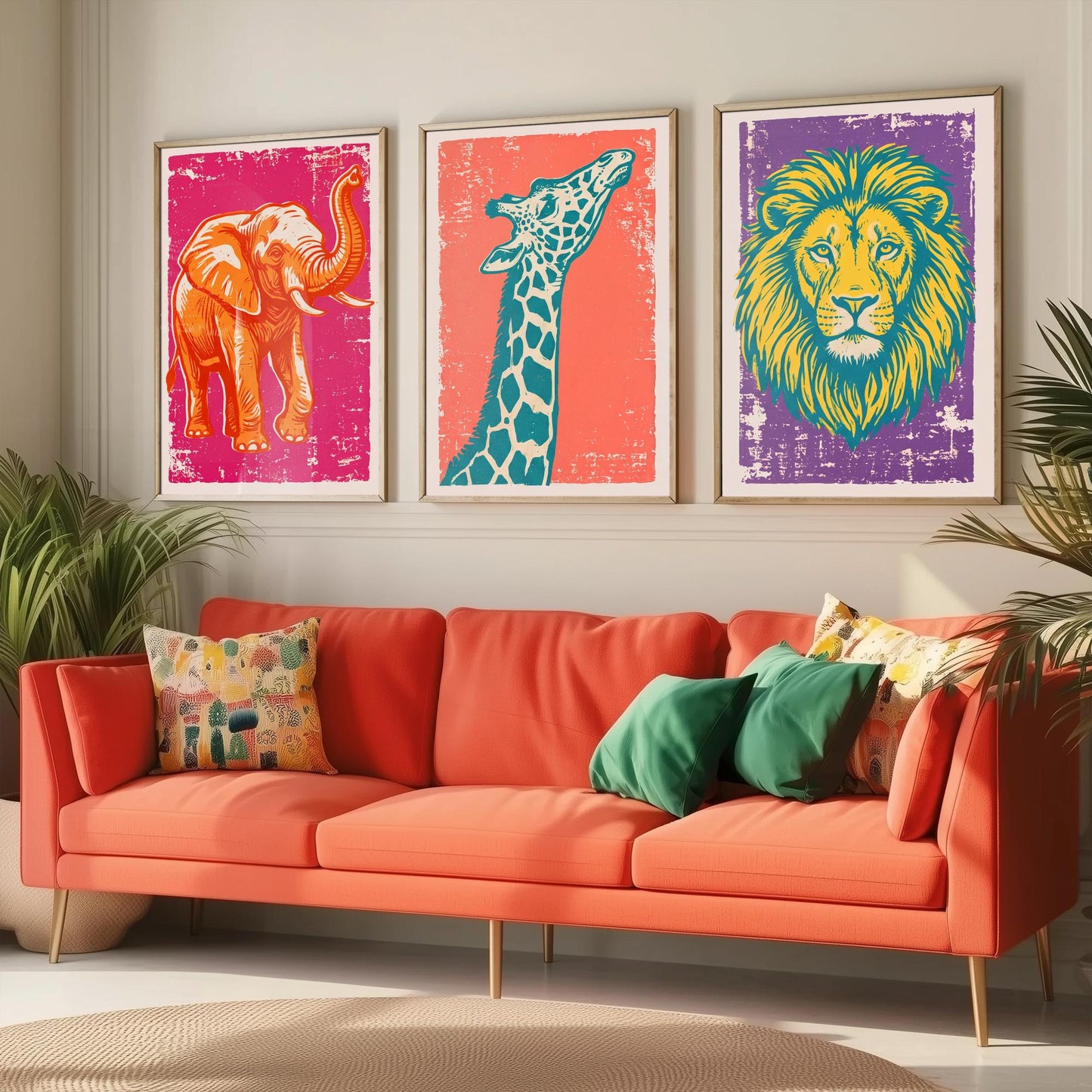 Set of Three Elephant, Giraffe and Lion Art Prints - Safari Animal Linocut Illustrations - Kids Room Posters V1
