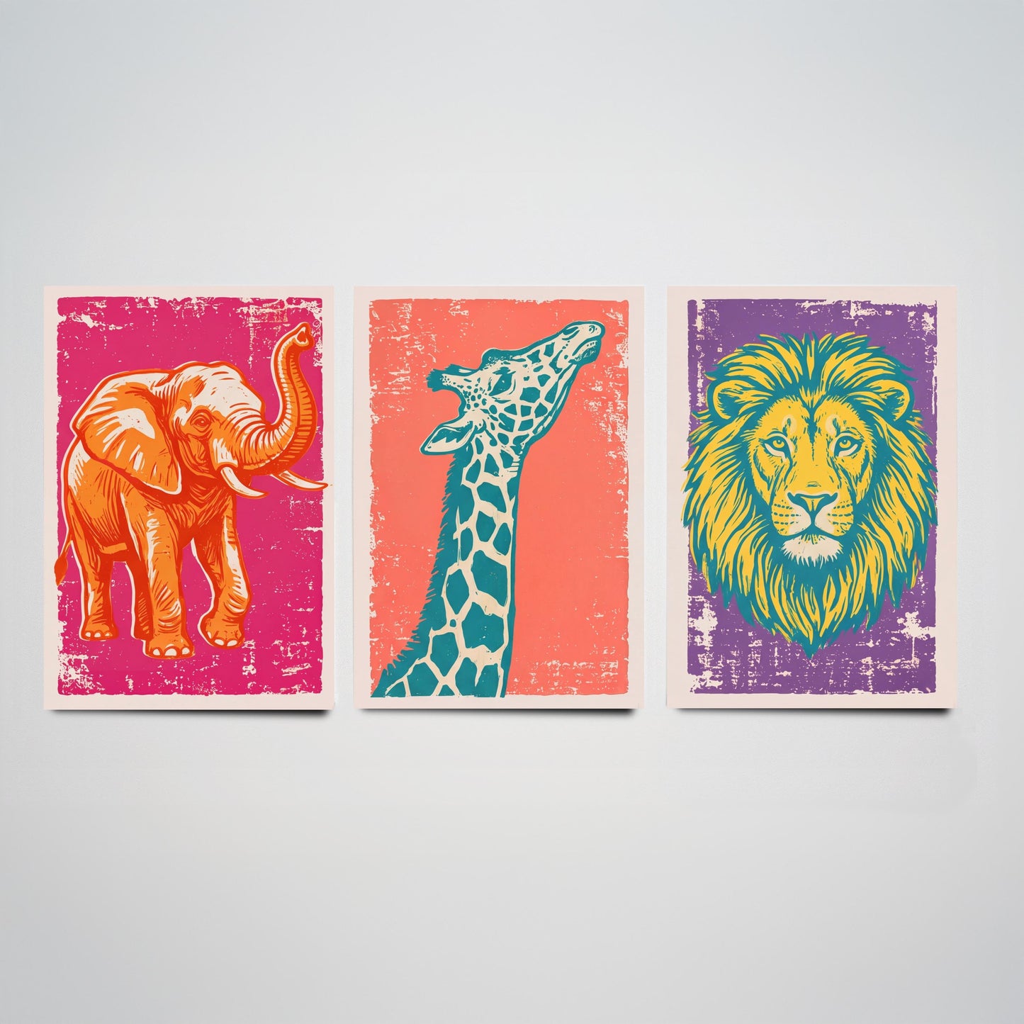 Set of Three Elephant, Giraffe and Lion Art Prints - Safari Animal Linocut Illustrations - Kids Room Posters V1
