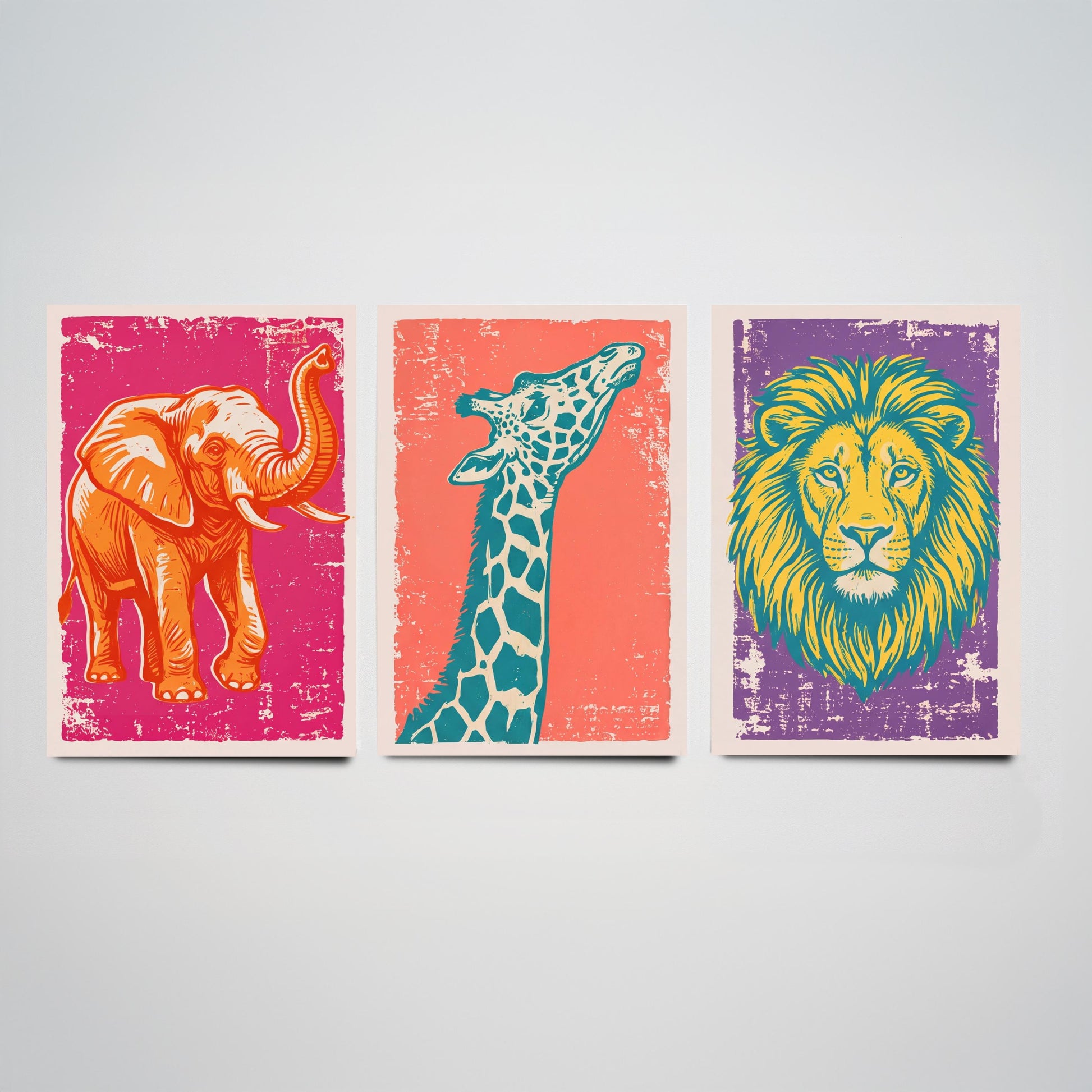 Set of Three Elephant, Giraffe and Lion Art Prints - Safari Animal Linocut Illustrations - Kids Room Posters V1
