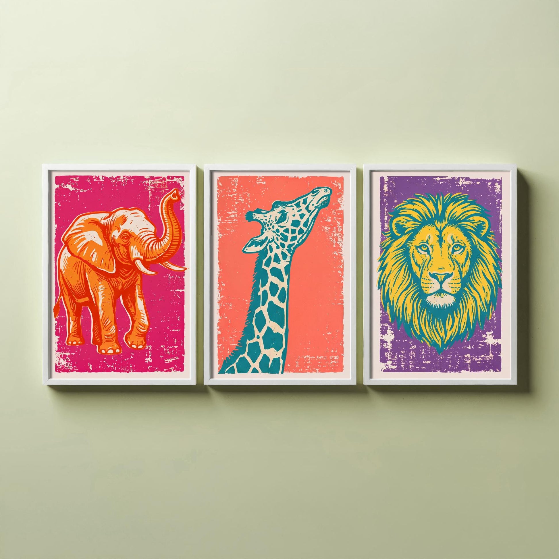 Set of Three Elephant, Giraffe and Lion Art Prints - Safari Animal Linocut Illustrations - Kids Room Posters V1