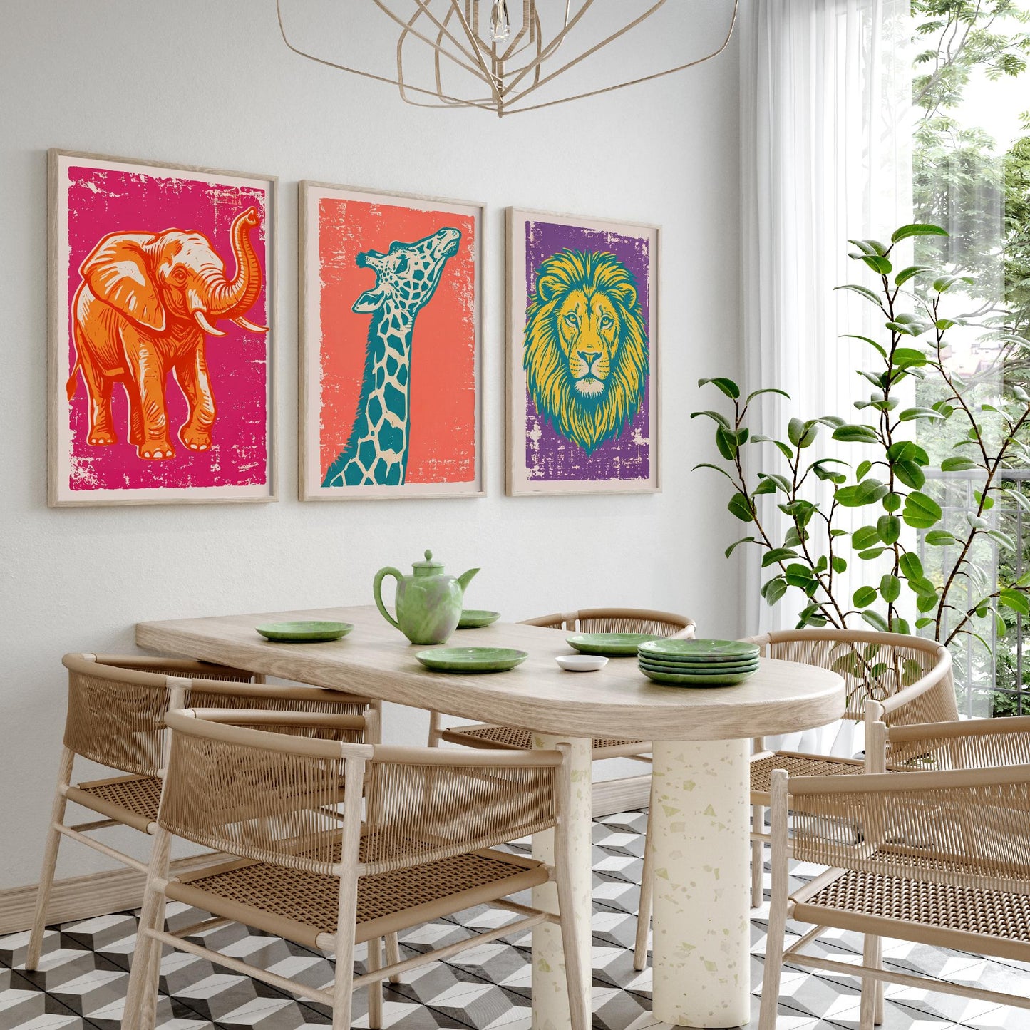 Set of Three Elephant, Giraffe and Lion Art Prints - Safari Animal Linocut Illustrations - Kids Room Posters V1