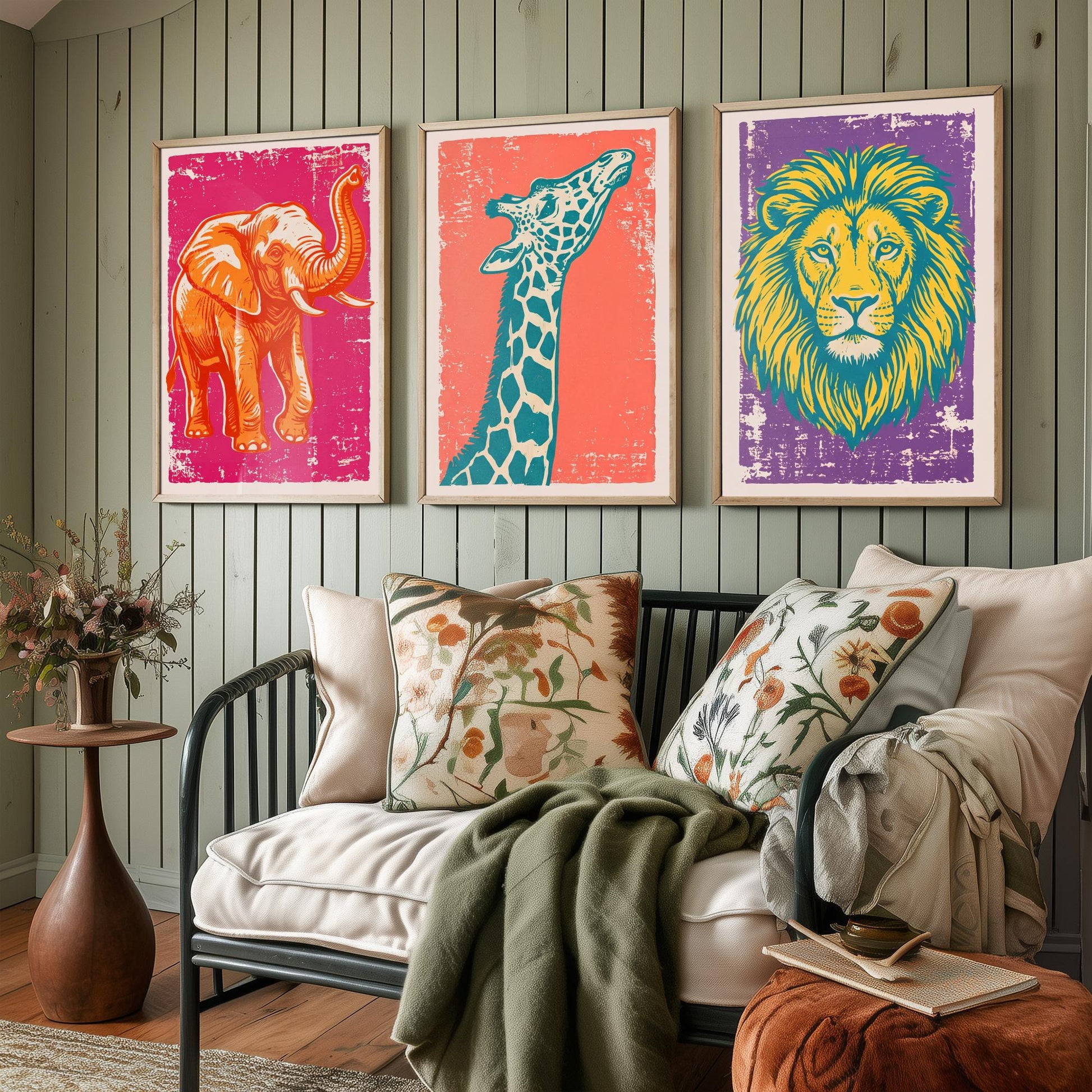 Set of Three Elephant, Giraffe and Lion Art Prints - Safari Animal Linocut Illustrations - Kids Room Posters V1