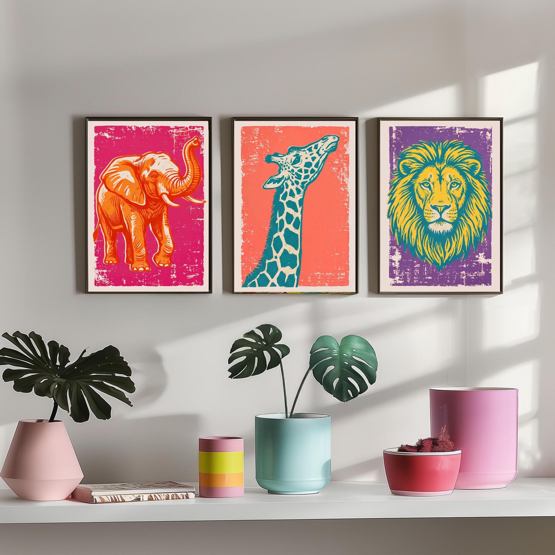 Set of Three Elephant, Giraffe and Lion Art Prints - Safari Animal Linocut Illustrations - Kids Room Posters V1
